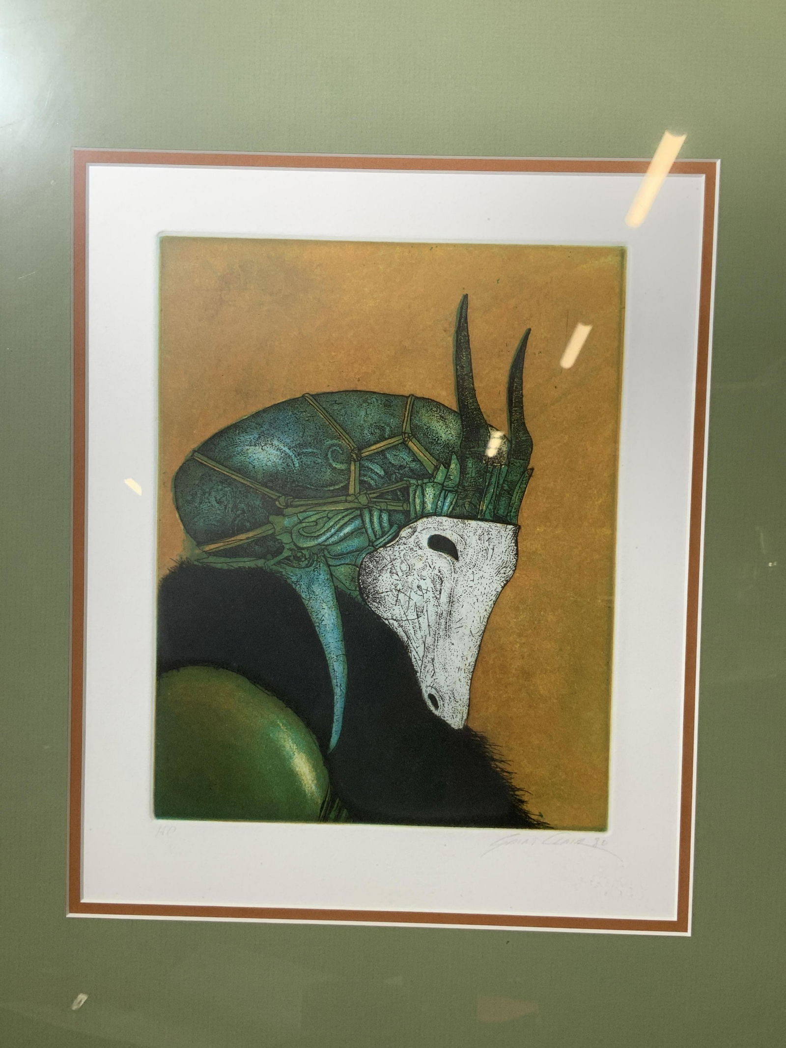 H.C. Signed Lithograph of Horned Figure: H.C. Signed Lithograph of Saint Clair 80, signature to lower left reads ‘H.C.’, inscriptions to lower right read ‘Saint Clare 80’, subject a portrait of a profile of A figure with a horned kil