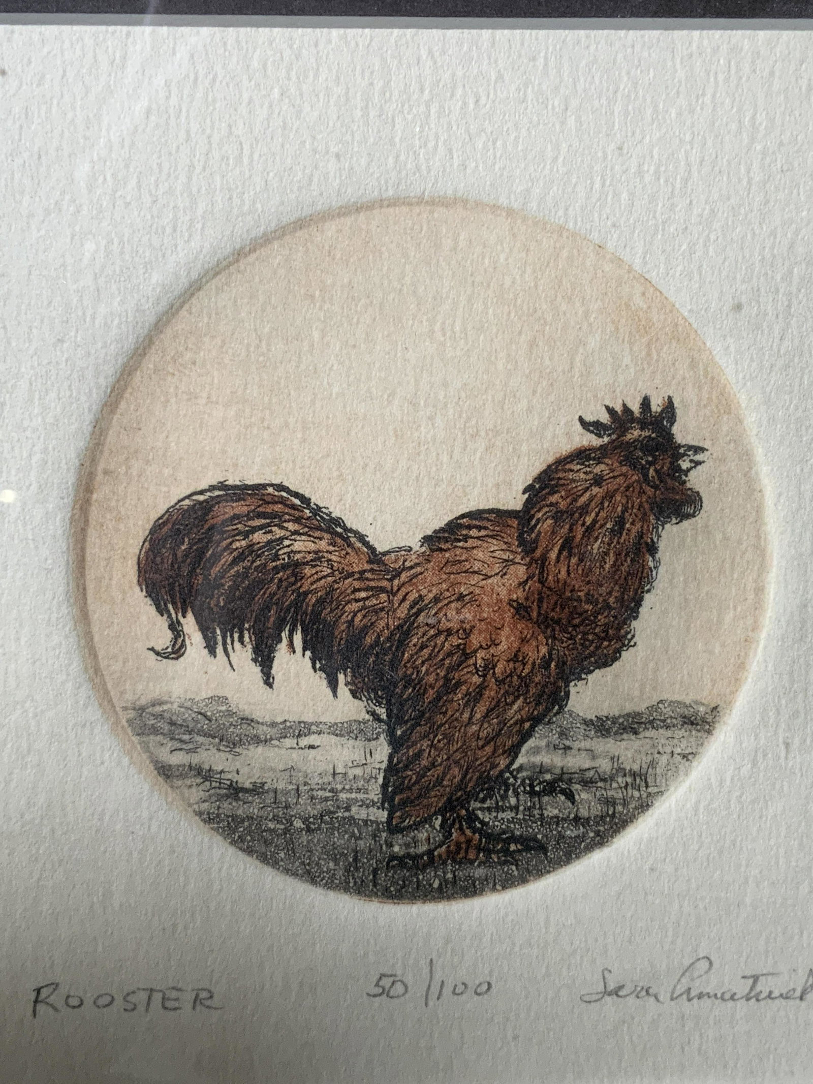 SARA Signed Roster Engraving Framed, Lmt Ed: SARA Signed Roster Engraving Framed, signature to lower right partially illegible, title to lower left reads ‘rooster’, edition to lower center reads ‘50/100’, subject a full body portrait of