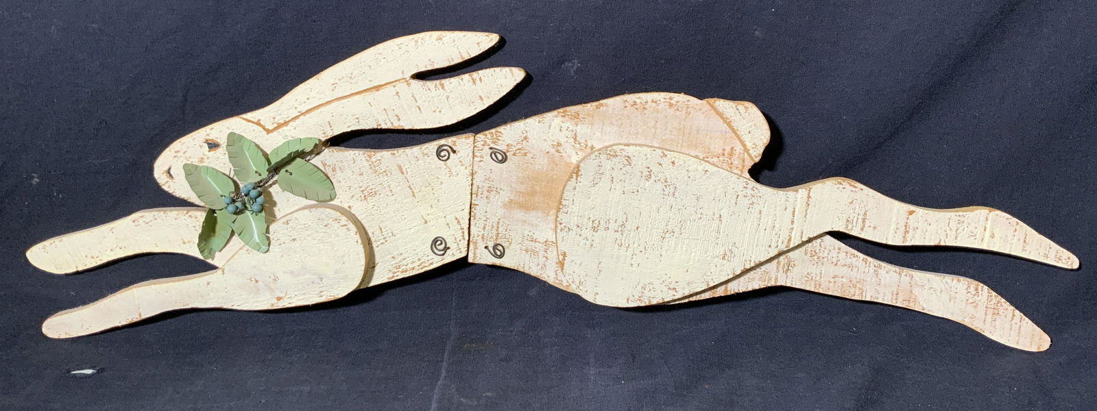 Eastern Bunny Wood Cutout: Eastern Bunny Wood Cutout, no apparent inscriptions to piece, measures 29 5/8 l x 8 7/8 h inches, wear consistent with age and use, can fold. Artwork, wall art, home decor, wood art, wood sculpture, w