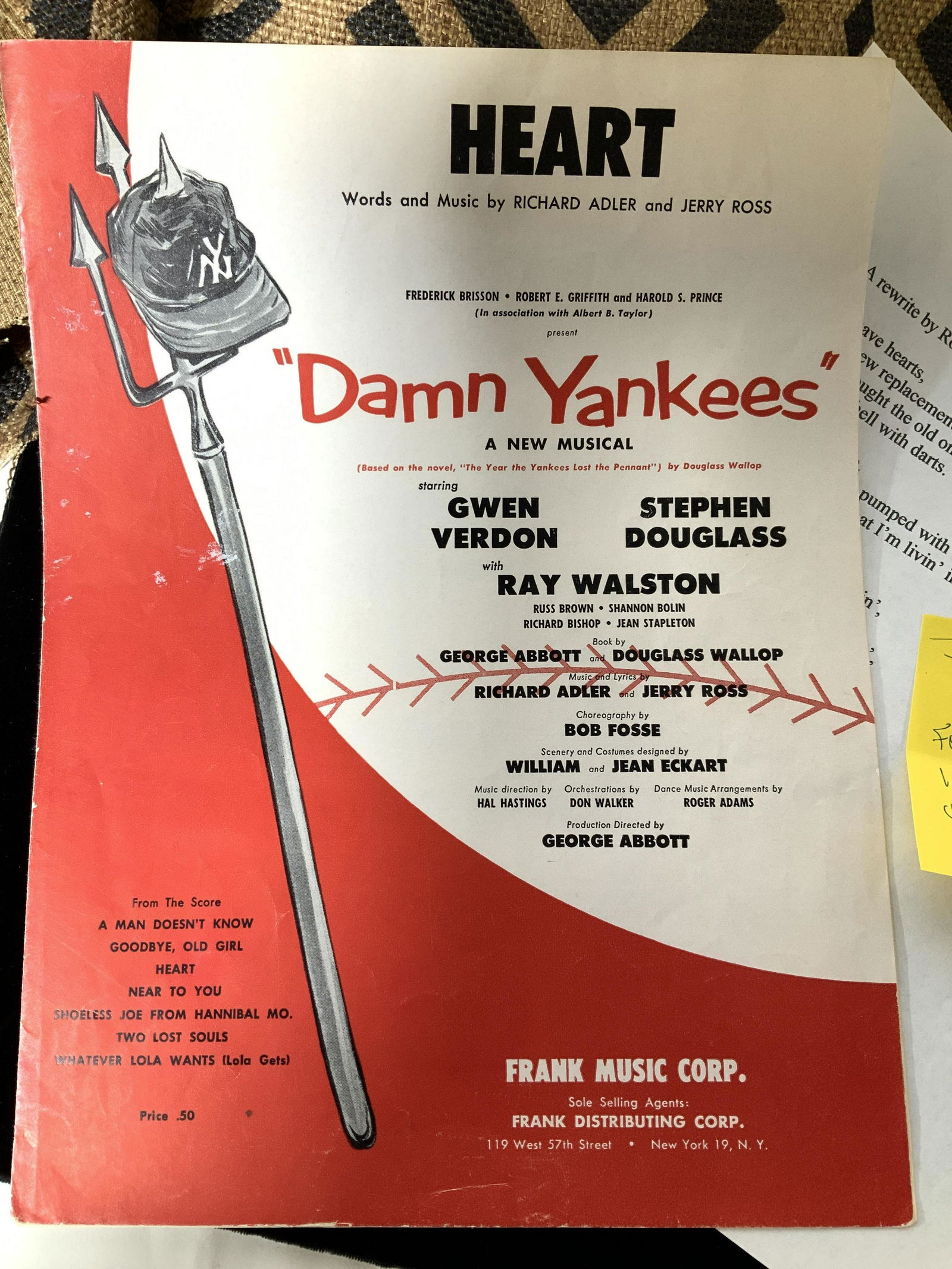 DAMN YANKEES Org. Musical Score Heart, Signed Note (1 of 7)
