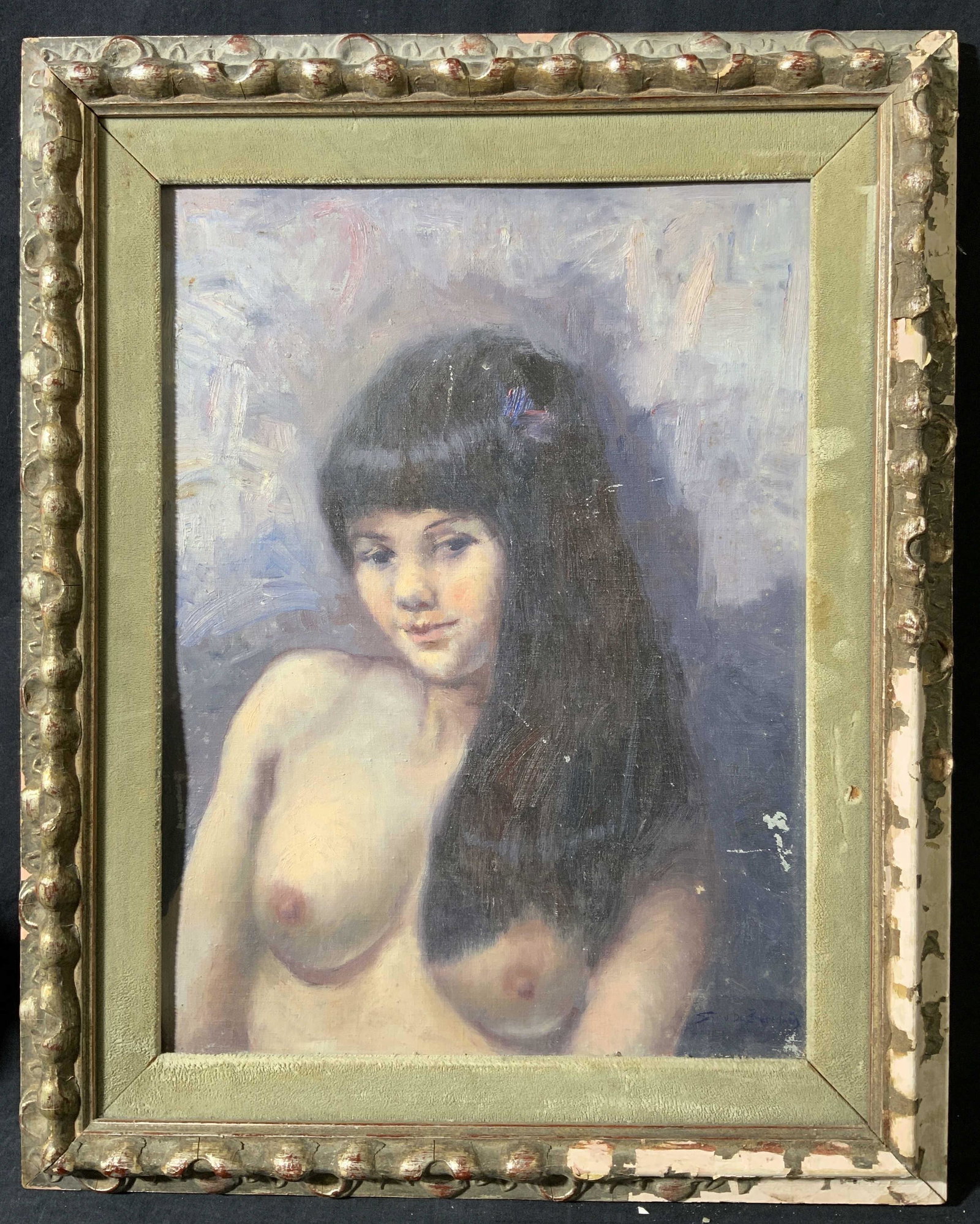 Signed Female Nude Portrait Oil on Panel: Signed Female Nude Portrait, signature to lower right illegible, subject a portrait of a nude woman with black hair and bangs, romantic like light, measures 16 1/8 x 20 1/8 inches, window measures 11 
