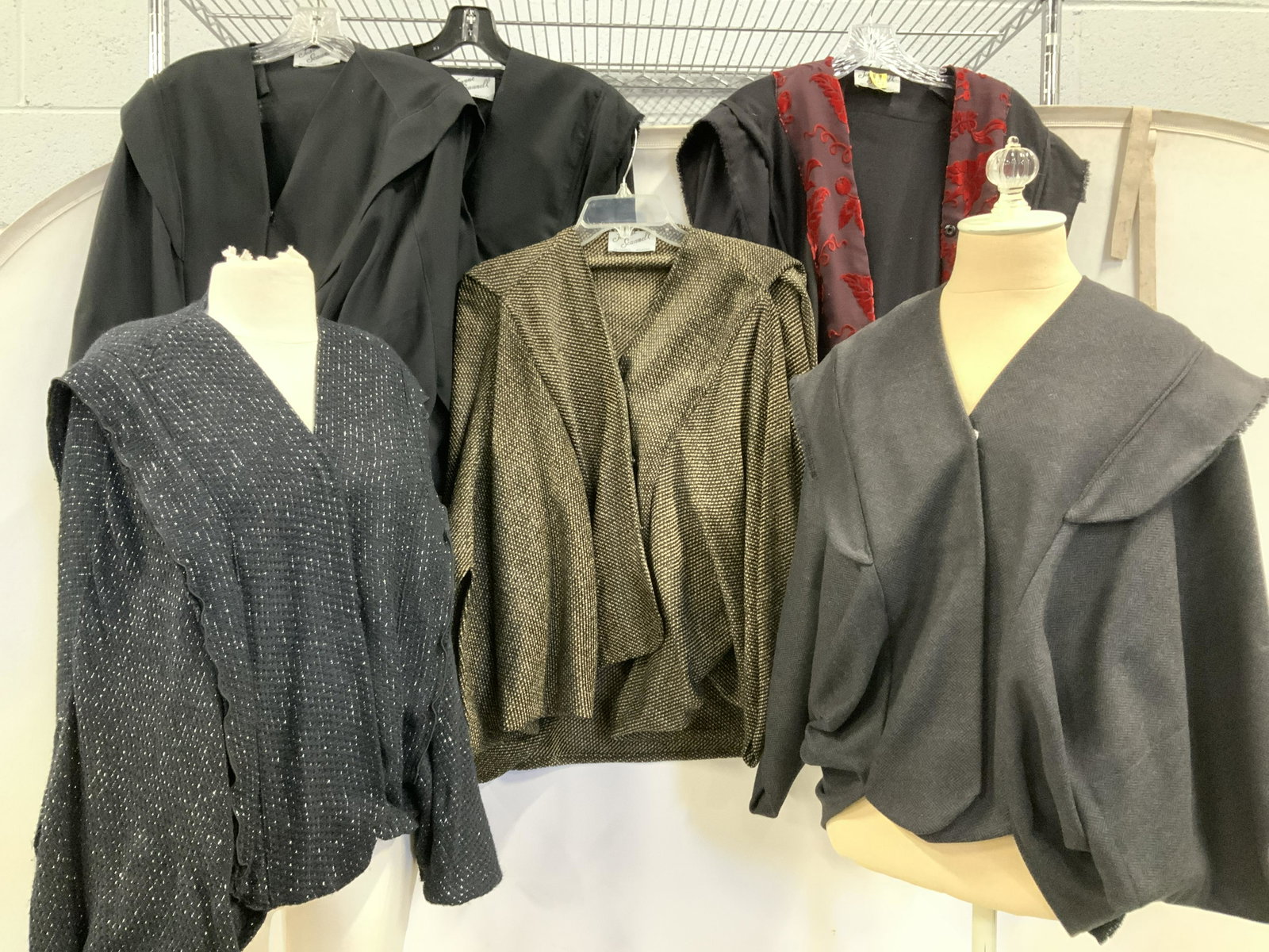 JEANNE SCANNELL Draped Sleeve Cardigans, 6: All signed designer Jeanne Scannell. These are front snap cardigans with draped sleeves. Some are dressier fabrics and looks than others. Average size Fits XL/ 1X . Looks include: Black with silver th