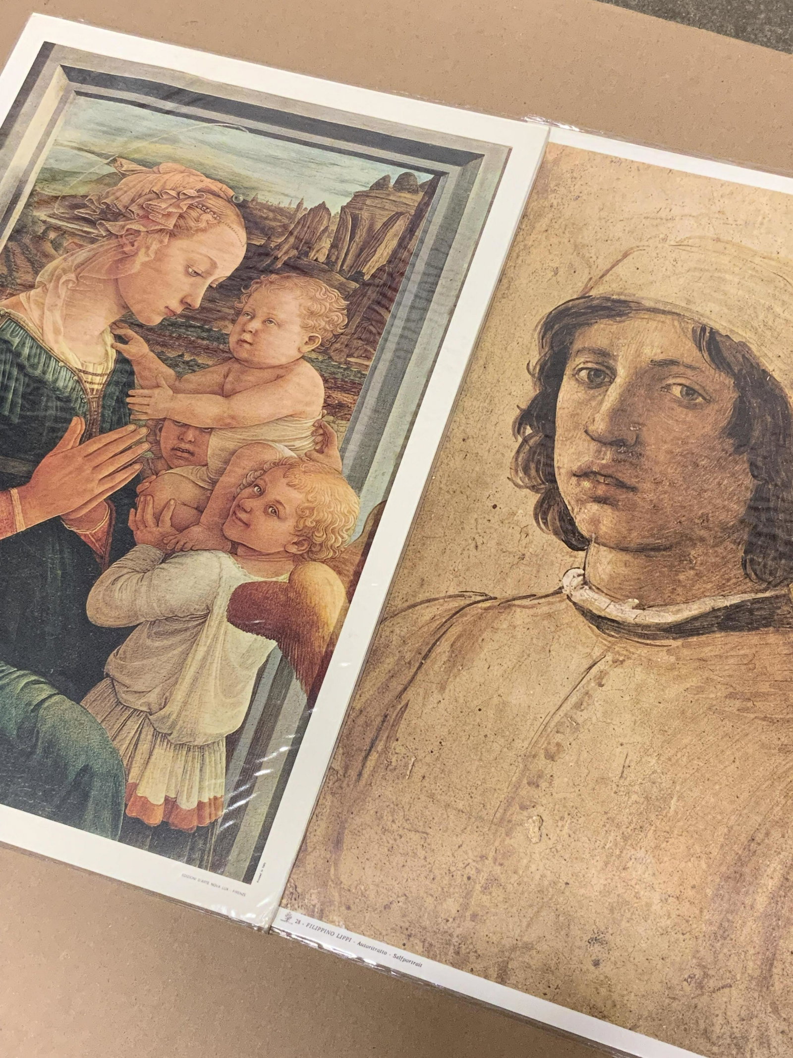 Lot 4 FILIPPO LIPPI Giclees of Famous works: Lot 4 FILIPPO LIPPI Giclees of Famous works, portrait of Madonna and child, portrait of an old man, testa fimminile, and a self portrait draft, measure 13 3/4 x 19 3/4 inches, in protective sleeves, w