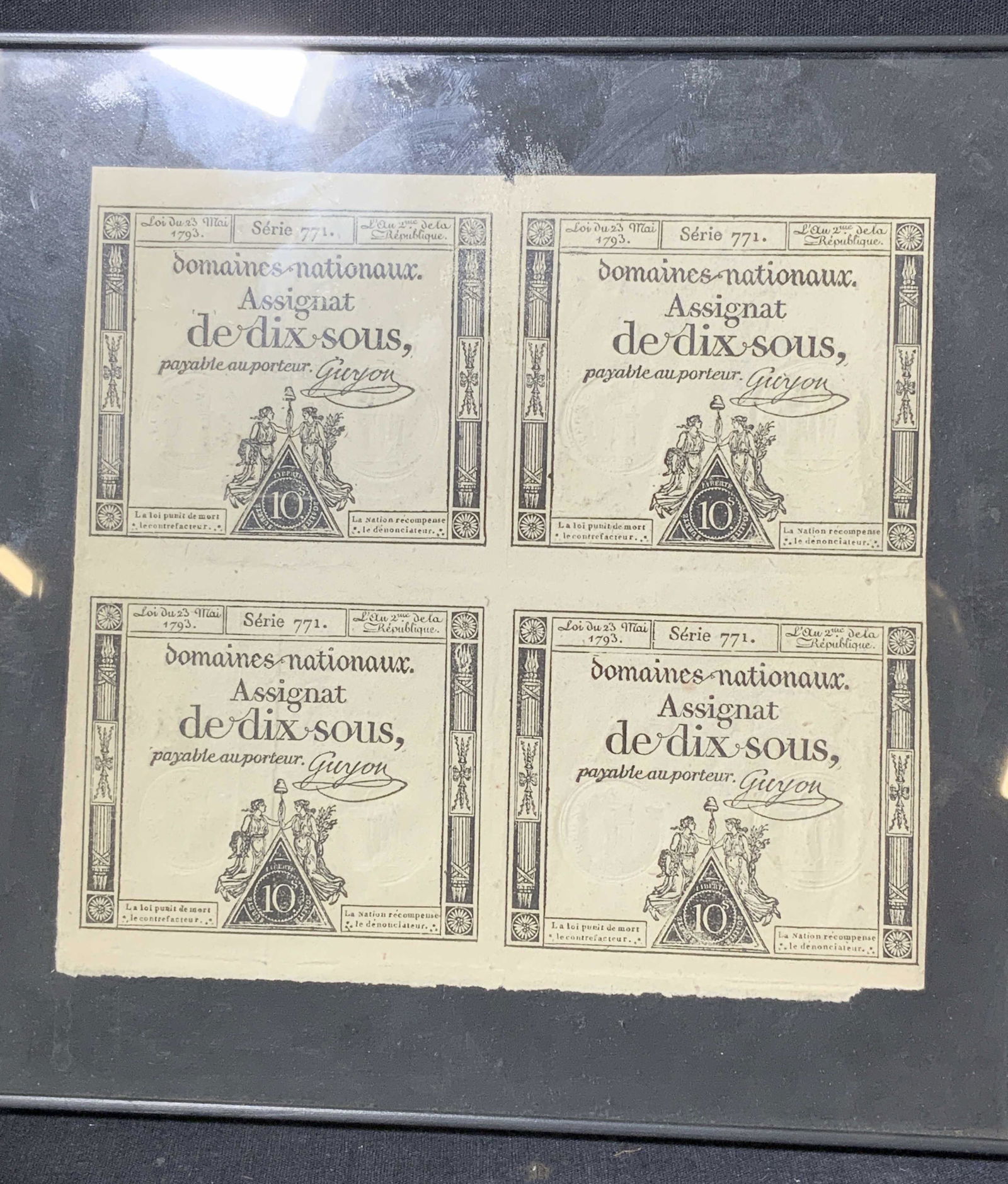 Domaines nationaux Assignat de dix sous Ink: Domaines nationaux Assignat de dix sous Ink artwork, shows collage artwork, with Inscription, centre; signature, centre right; two standing female allegorical figures, in drapery, one holding wreath,