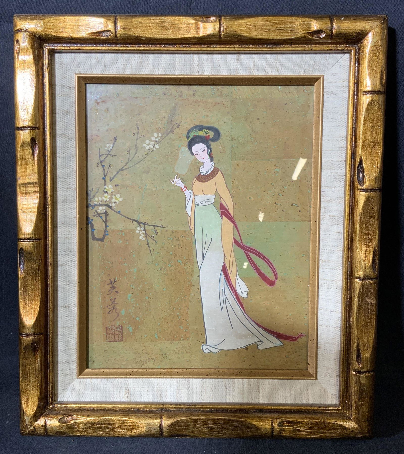 Framed Asian Pigment Artwork of Young Woman (1 of 5)