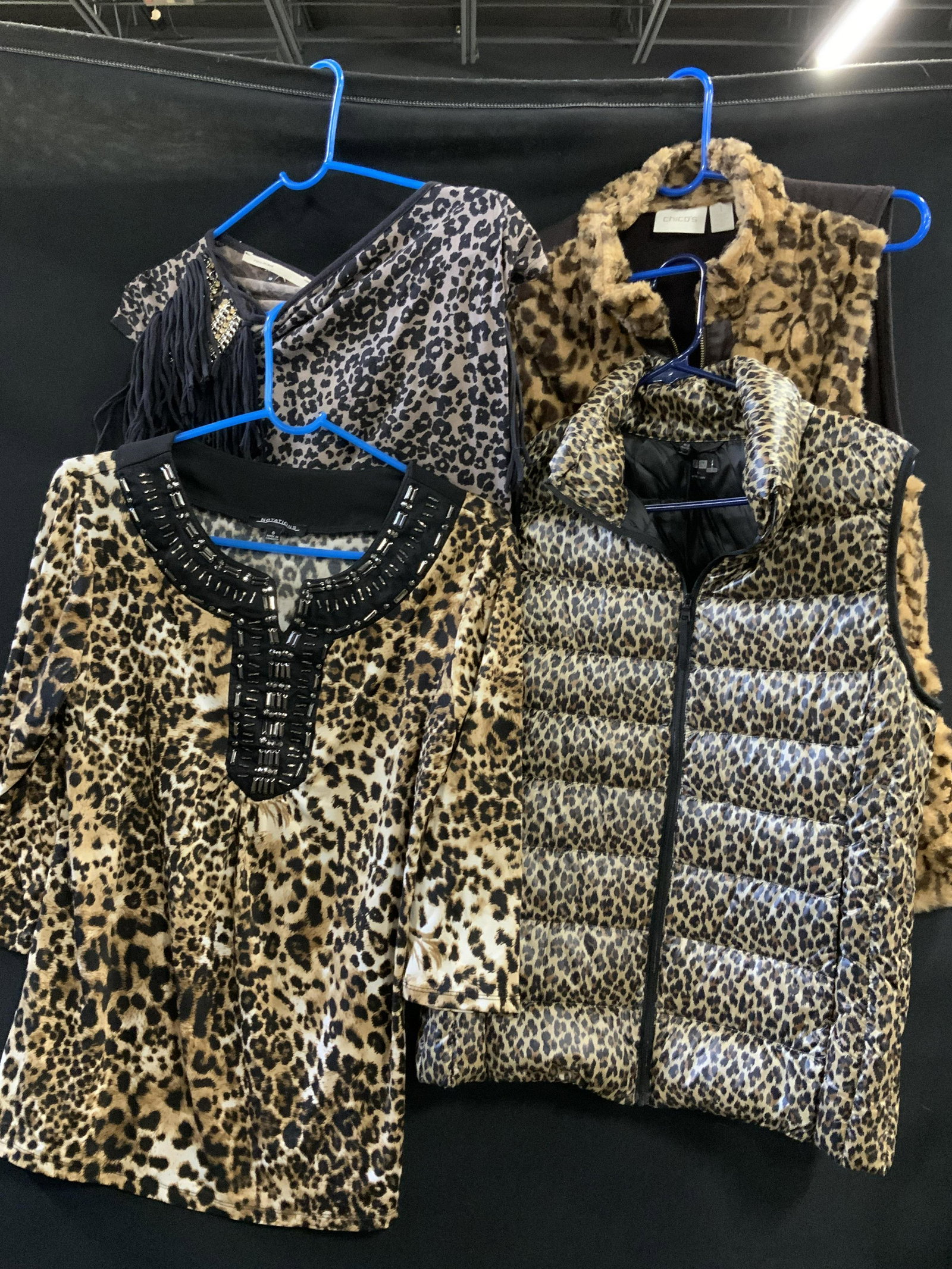 Animal Print Grp 5 Vests, Tops, UNI Qlo more: 2 ladies vests, Chicoâ€™s size 1 (small/ medium) plush with chocolate knit backside. UNI QLO lightweight down puffer vest size small. Ladies animal print tops, 3/4 sleeve with shawl collar beadin