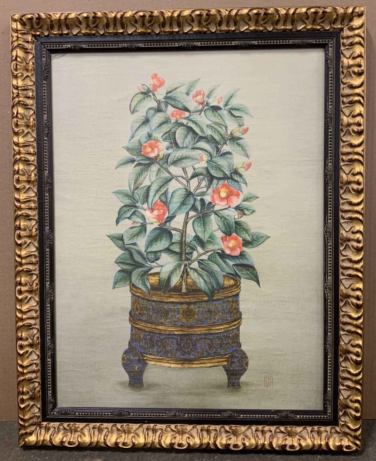 IDA Signed Potted Plant Oil on Panel: IDA Signed Potted Plant Oil on Panel, signature to lower right reads ‘IDA’, subject a potted plant with flowers, measures 22 1/2 x 28 1/8 inches, window measures 17 1/8 x 23 3/8 inches, ornate bla