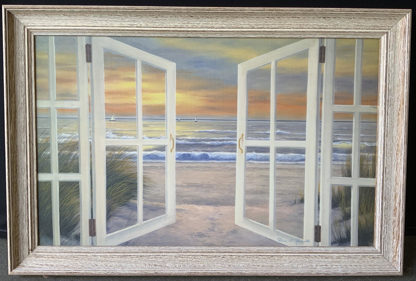 DIANE ROMANELLO Canvas Textured Giclee: DIANE ROMANELLO Canvas Textured Giclee, inscriptions to lower right read ‘Diane L. Romanello’, subject a romantic beach scape through doors, measures 39 1/2 x 26 1/4 inches, window measures 34 x 1
