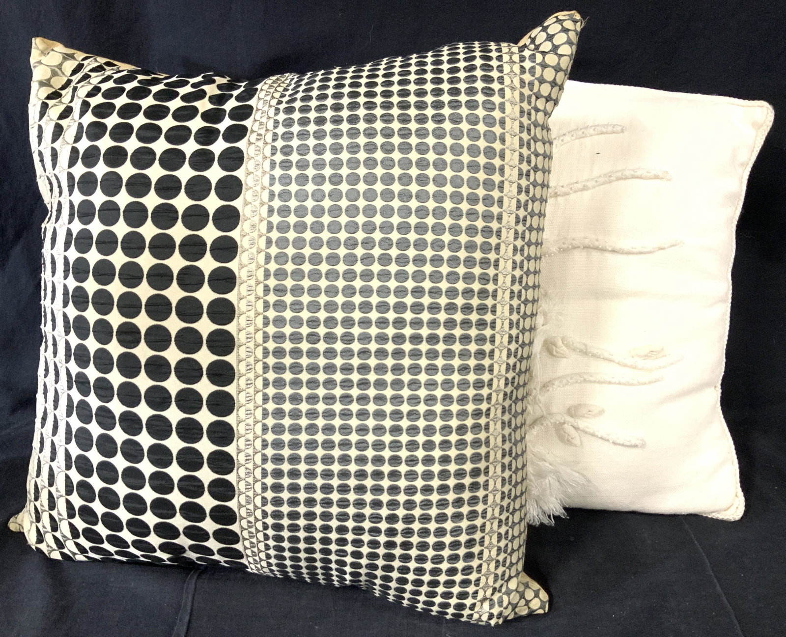 Grp 2 Margo Shelby Feather & Ankara Pillows: DESIGNER MARGO SELBY Feather polling with polka dot design. Black and bronze color palette. Zippered cover, has discoloration on backside heavy cotton canvas, needs cleaning, front fabric feels like a