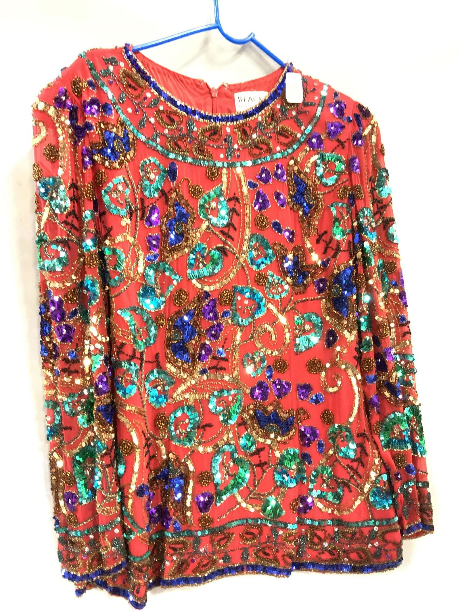 OLEG CASSINI Black Tie Red Sequined Silk Blouse (1 of 7)