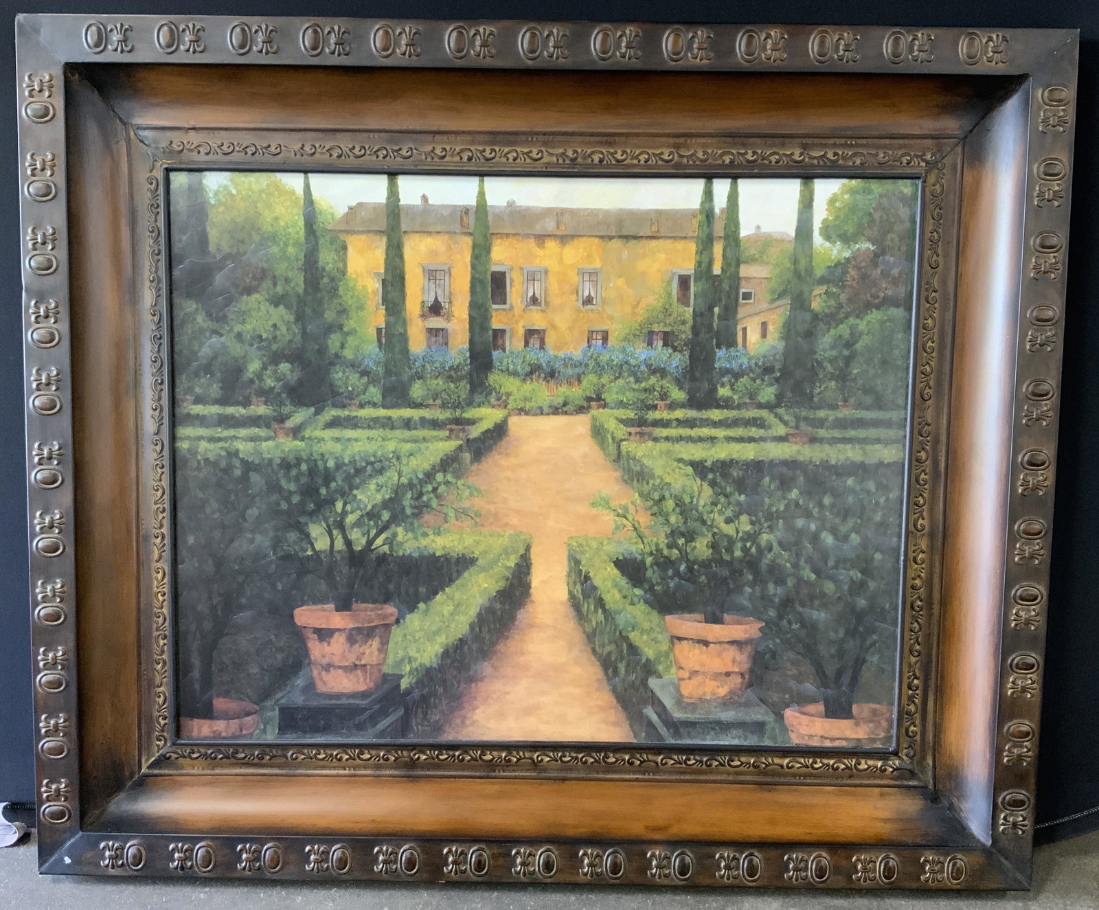 Framed Italian Villa Oil on Metal: Framed Italian Villa Oil on Metal, no apparent signatures, verso reads ‘ Made in China’, shows the garden of an Italian Villa with Villa in background, measures 45 1/2 x 38 1/4 inches, window meas