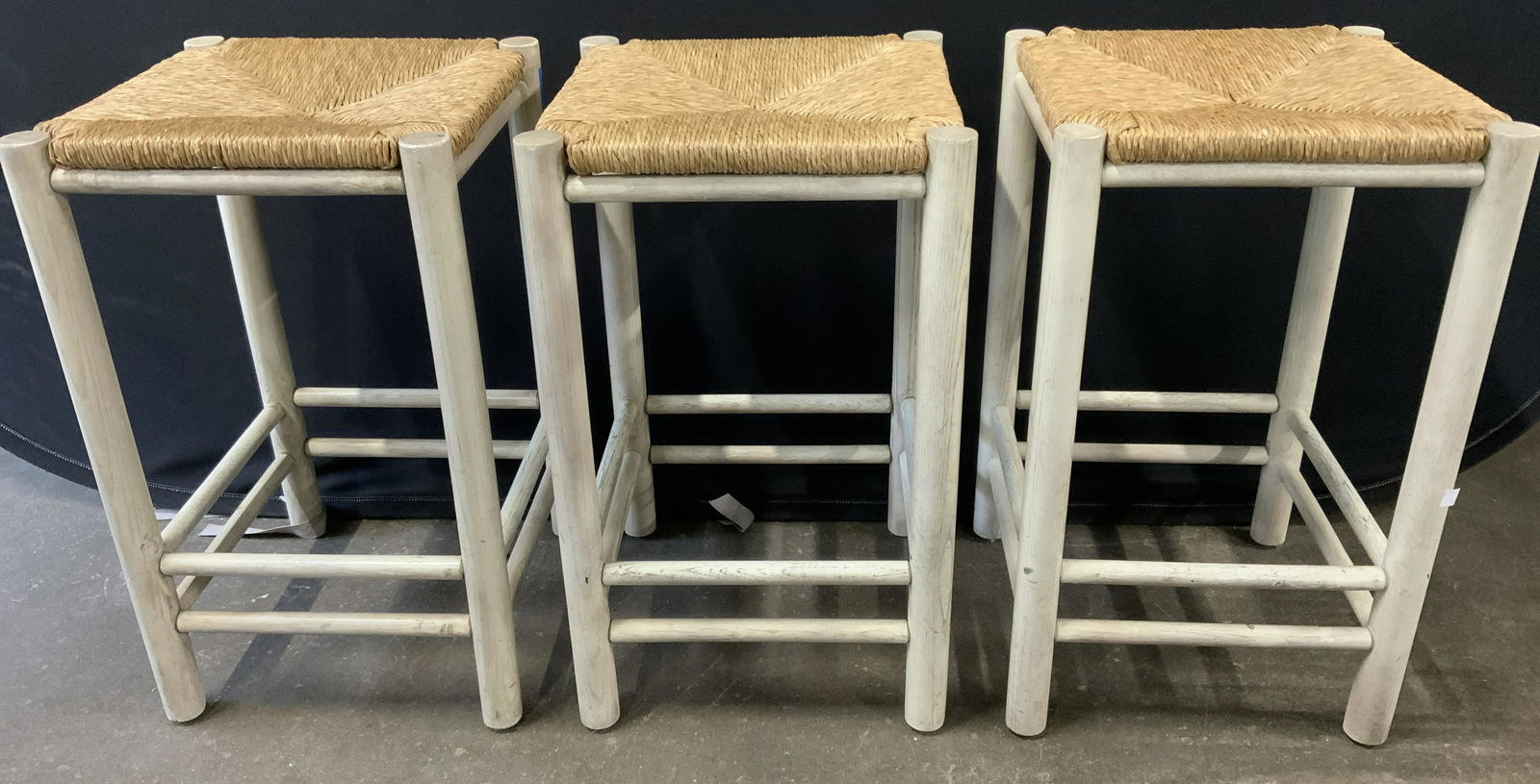 Set 3 Vintage Wooden Stool W Rush Seats (1 of 12)