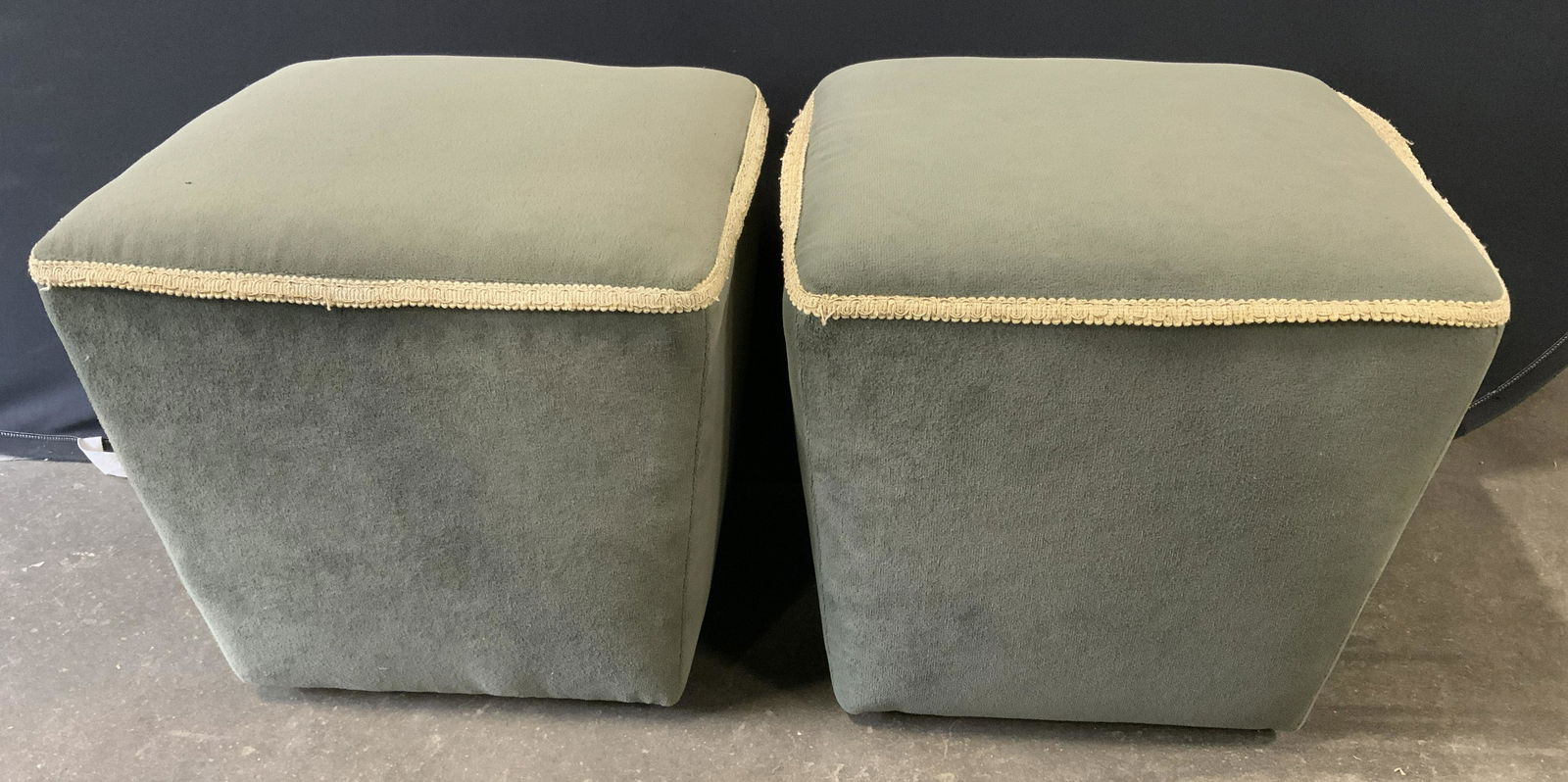 Pair Upholstered Ottomans W Gimp Edges (1 of 8)