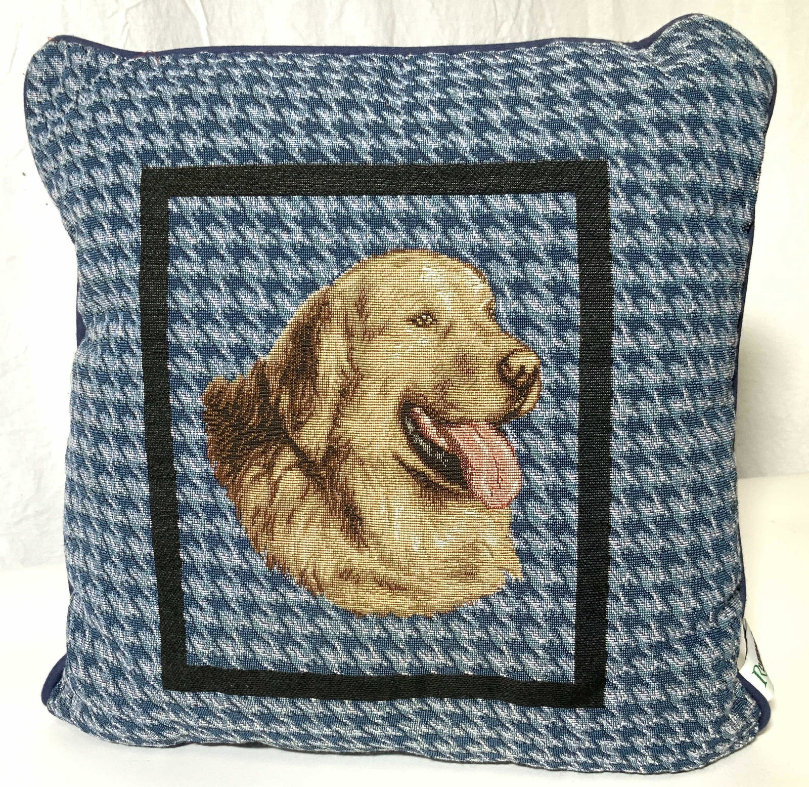 Riverdale Decorative Canvas Dog Pillow: Golden Retriever Smiling on blue houndstooth background. Designer Label Attached Reads RIVERDALE DECORATIVE PRODUCTS. Backside is all navy blue combed cotton. 16 x 16 in. Polyfill pillow form mild dis