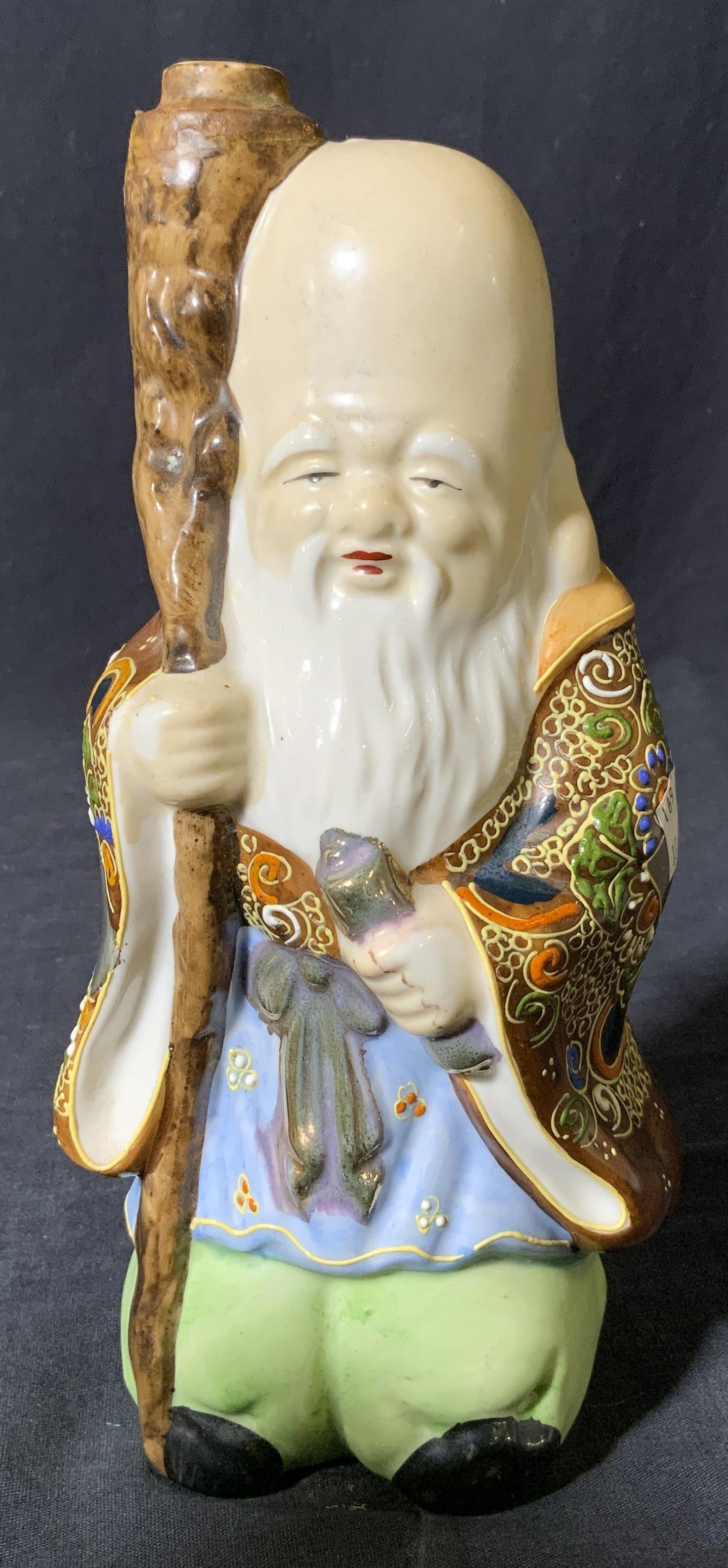 Hand Painted Sake Bottle, Japan: Hand Painted sake bottle of old man with cane, highly detailed pattern on sleeves. Underside reads as “Hand Painted in Japan. finest Japanese Porcelain” Height is 9.5 width is 4.5. Wear is consist