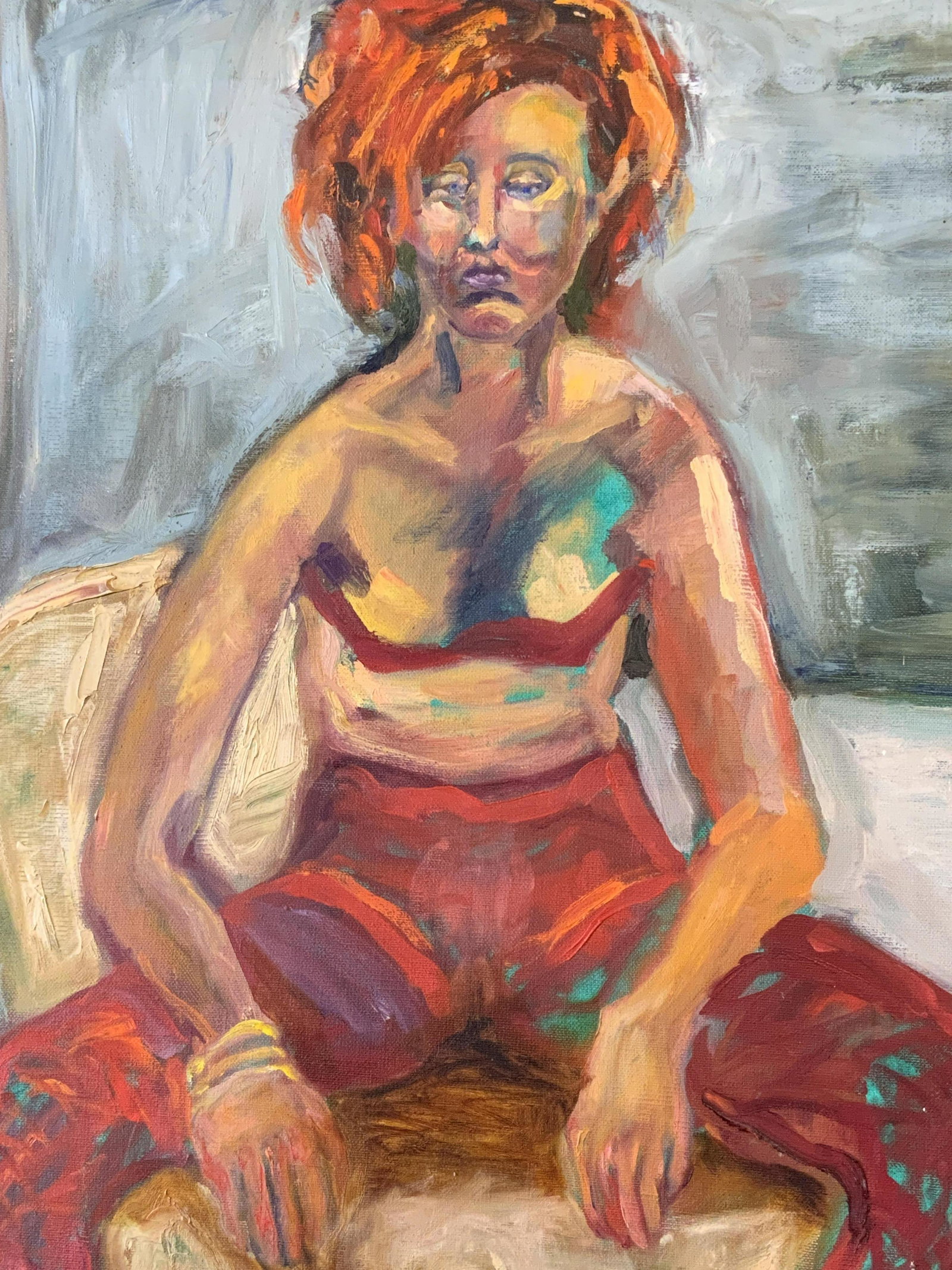 Fauvist Portrait of a Woman, Painting on Canvas: Fauvist Portrait of a Woman of a Woman, no apparent signatures to piece, verso reads ‘Pat Rodgers, Rodgers Last Class’, shows a woman slouching on a love seat, she is wearing bright red clothing a