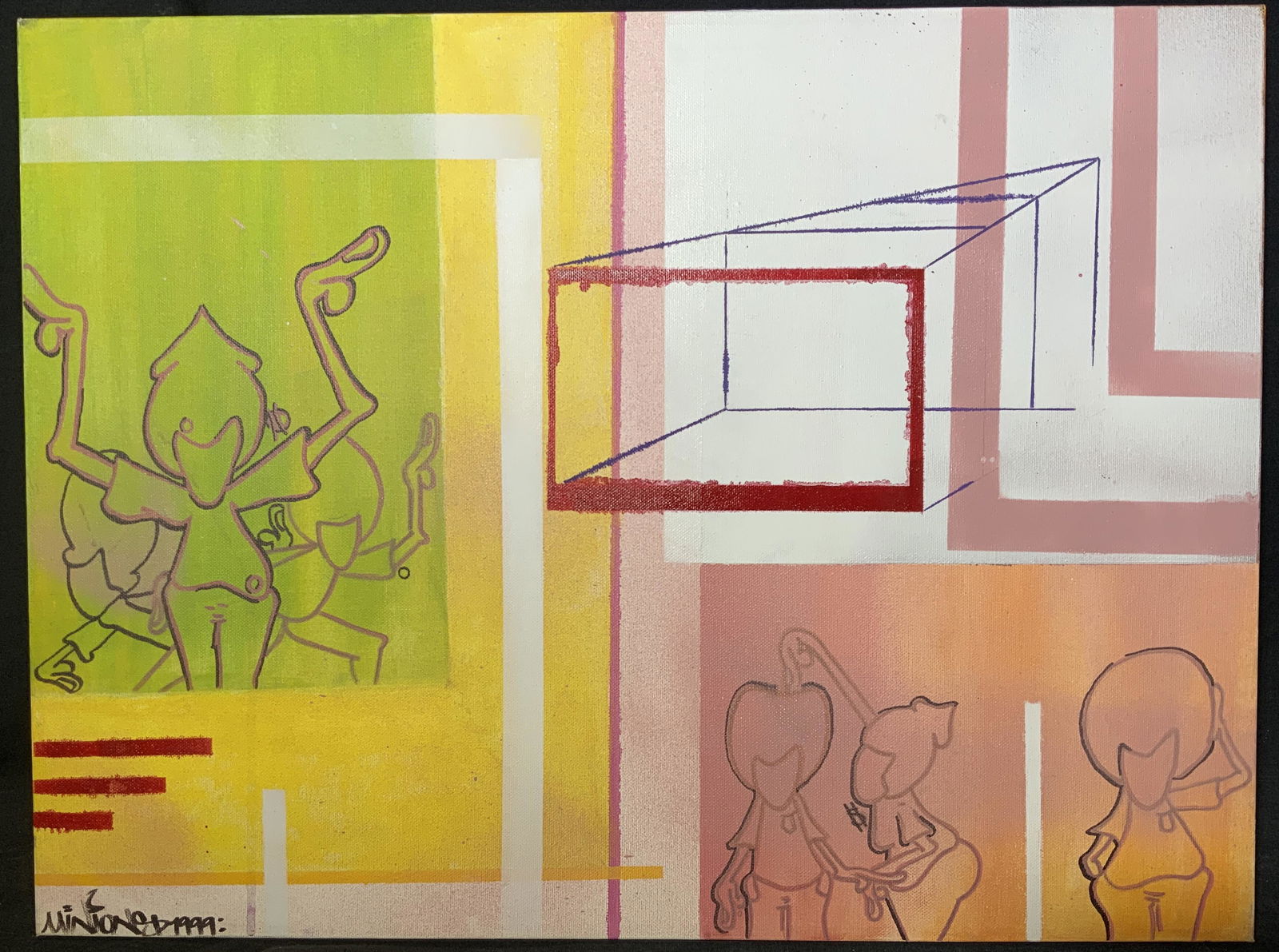 Signed Abstract Oil and Ink on Canvas: Signed Abstract Oil and Ink on Canvas, signature to lower right illegible possibly ‘Minones 1999’, verso inscriptions illegible, subject abstract collage, with group of cartoons with big hair are