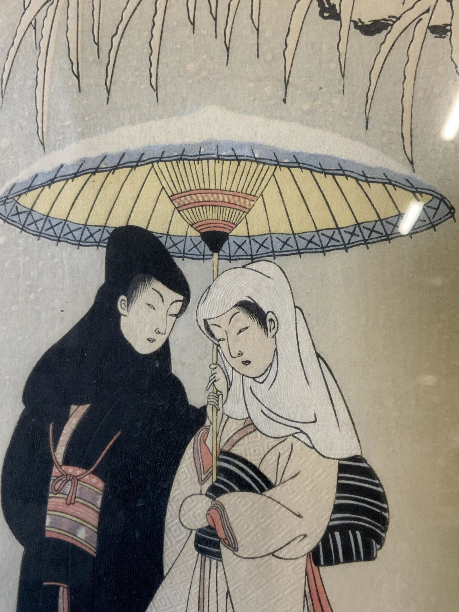 SUZUKI HARUNOBU Lovers Sharing an Umbrella: SUZUKI HARUNOBU Lovers Sharing an Umbrella Woodblock, inscriptions to lower right illegible, subject a couple sharing an umbrella as they walk through snow in traditional edo period clothing, measures