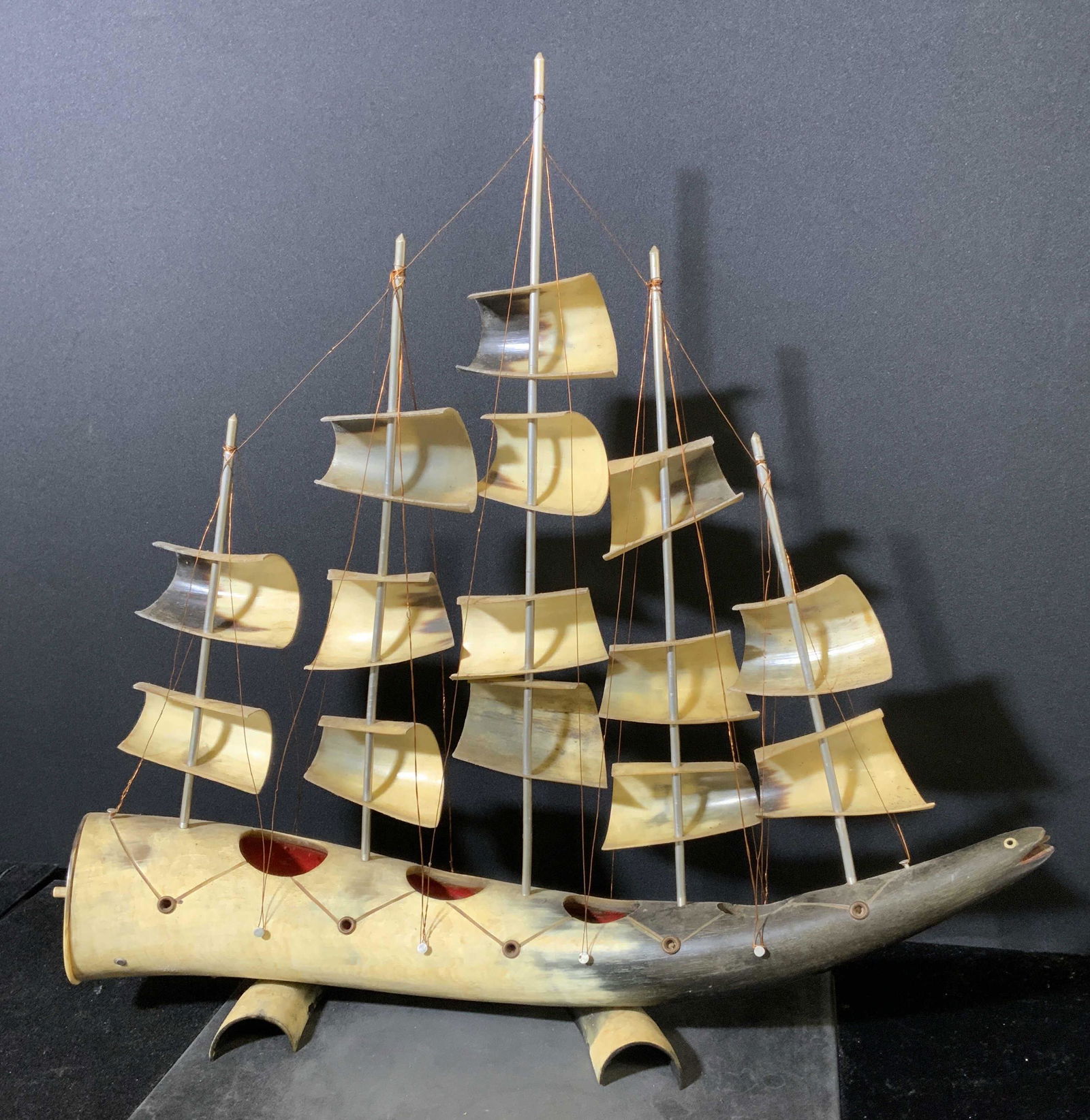 Vintage Carved Horn Ship Lamp (1 of 6)