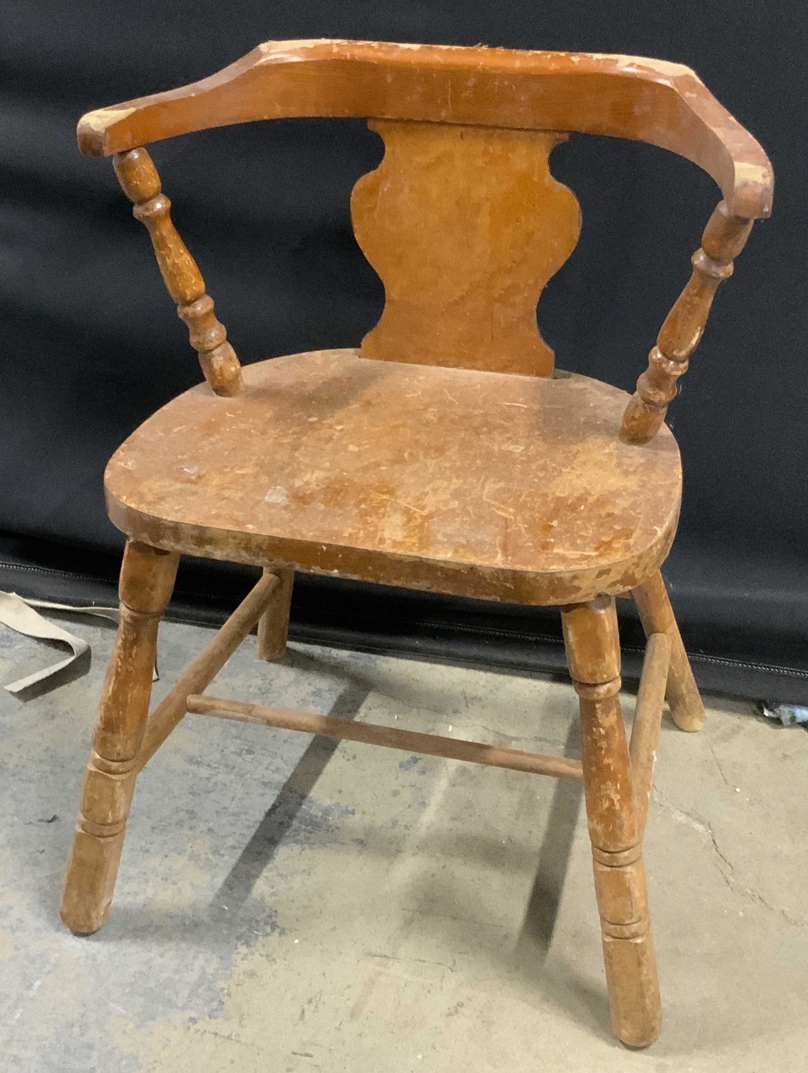 Antique Wooden Children’s Chair: A vintage, possibly antique, wooden children’s chair. Evident wear to surface. Measures approx 20Height x 12Width x 12Depth, inches. Vintage collectibles, vintage children’s chair, vintage childre