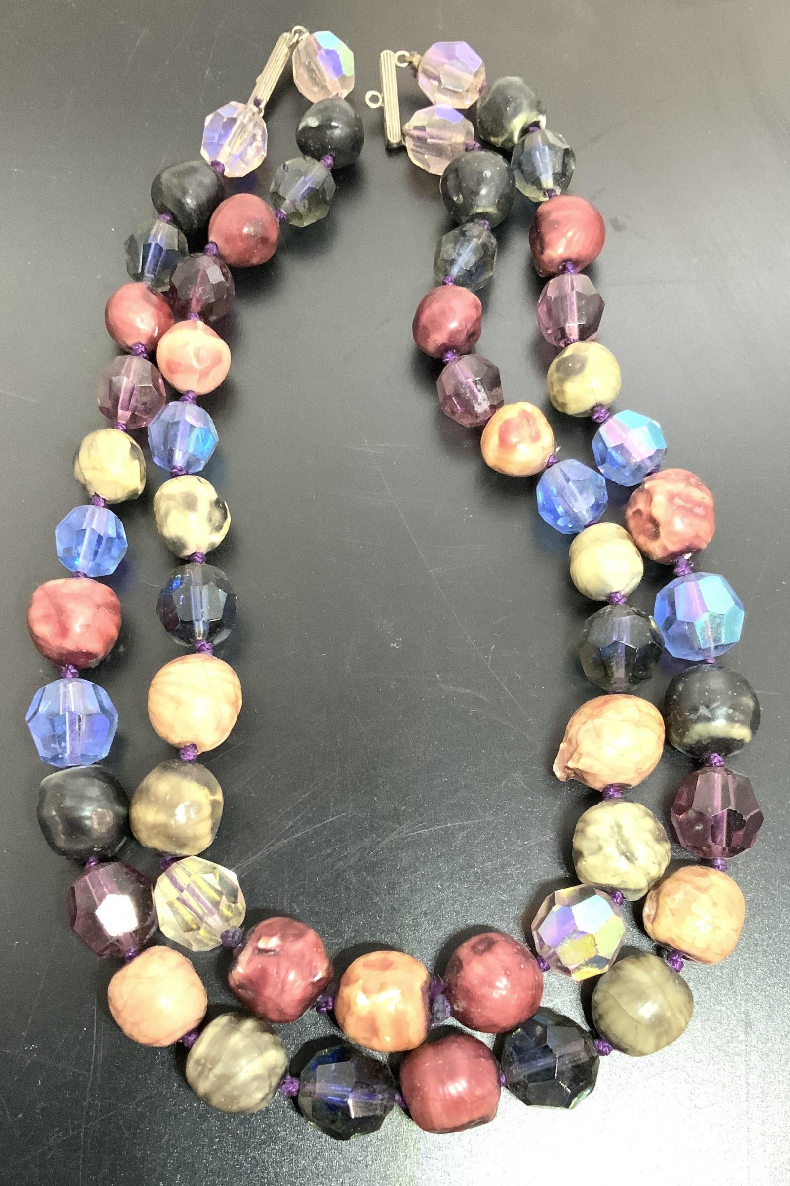 Hand Strung Beaded Costume Necklace Jewelry: Double Strand Choker ( needs hook) or one long strand necklace, 30 in., full of iridescent and faceted costume beads, double knotted. Up cycle for beads. Property of New Canaan, CT Estate Vintage Jewe