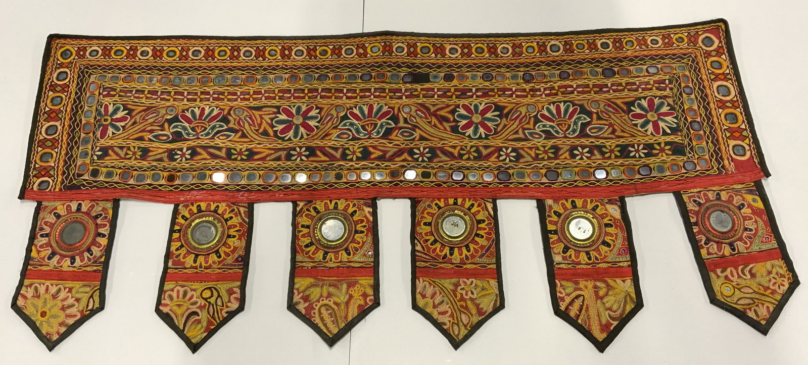 Vintage Chainstitch Banner: Vintage Chainstitch banner, possibly antique. Decorated with multi toned floral patterns, possibly handmade. Mirror accents applied to banner. Wear is consistent with age, some loss present. Measures 
