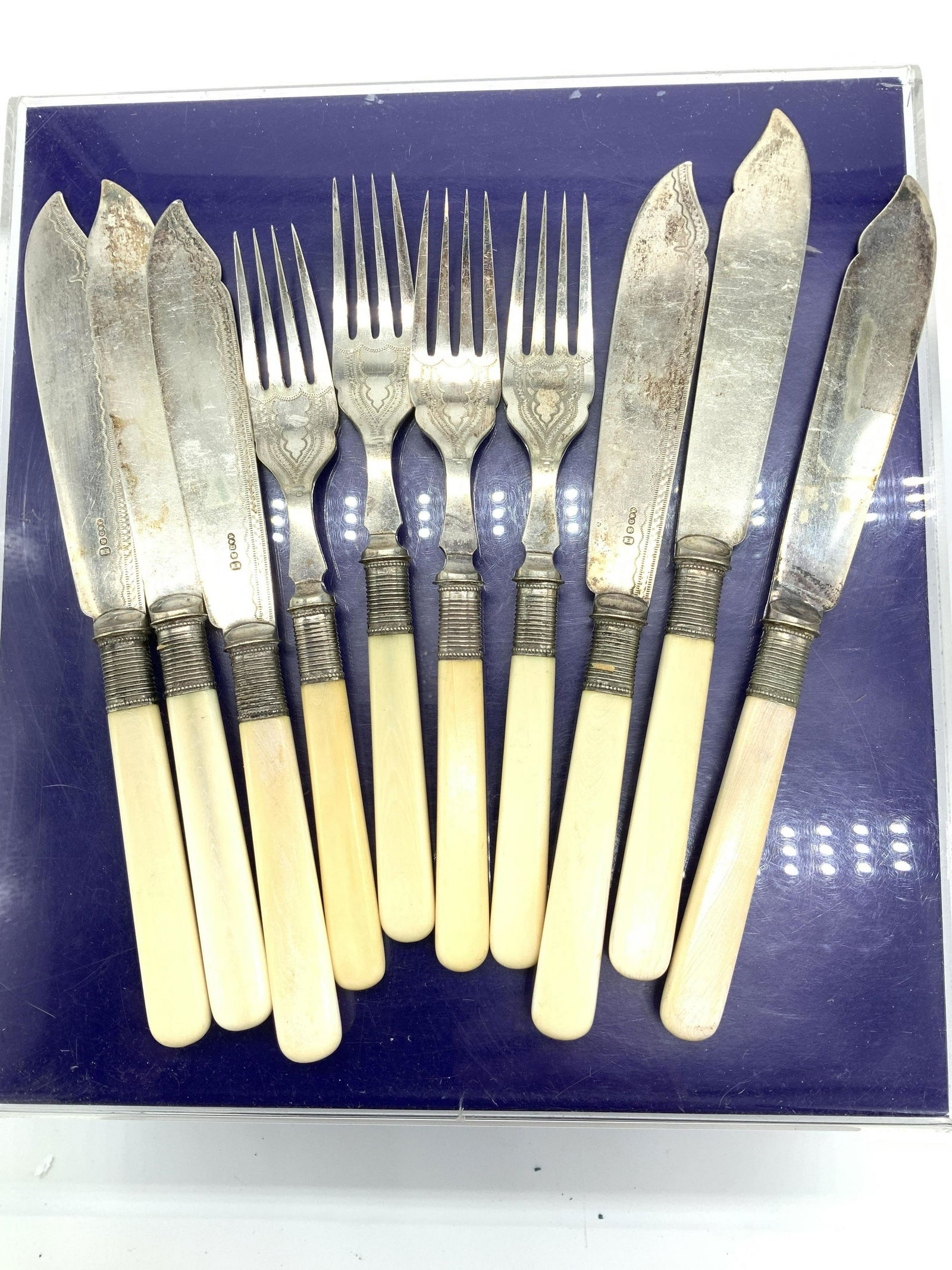 A&D Bone Style Handle Fish Set 14 Flatware: Silver Plate and Faux Bone-handled Fish Set c. 1930's. EPNS with French celluloid handles. Cutlery hallmarked with impresses S, A& D, and Hourglass stamp. fish knife 8 inches, total 7, fork 7 inches,