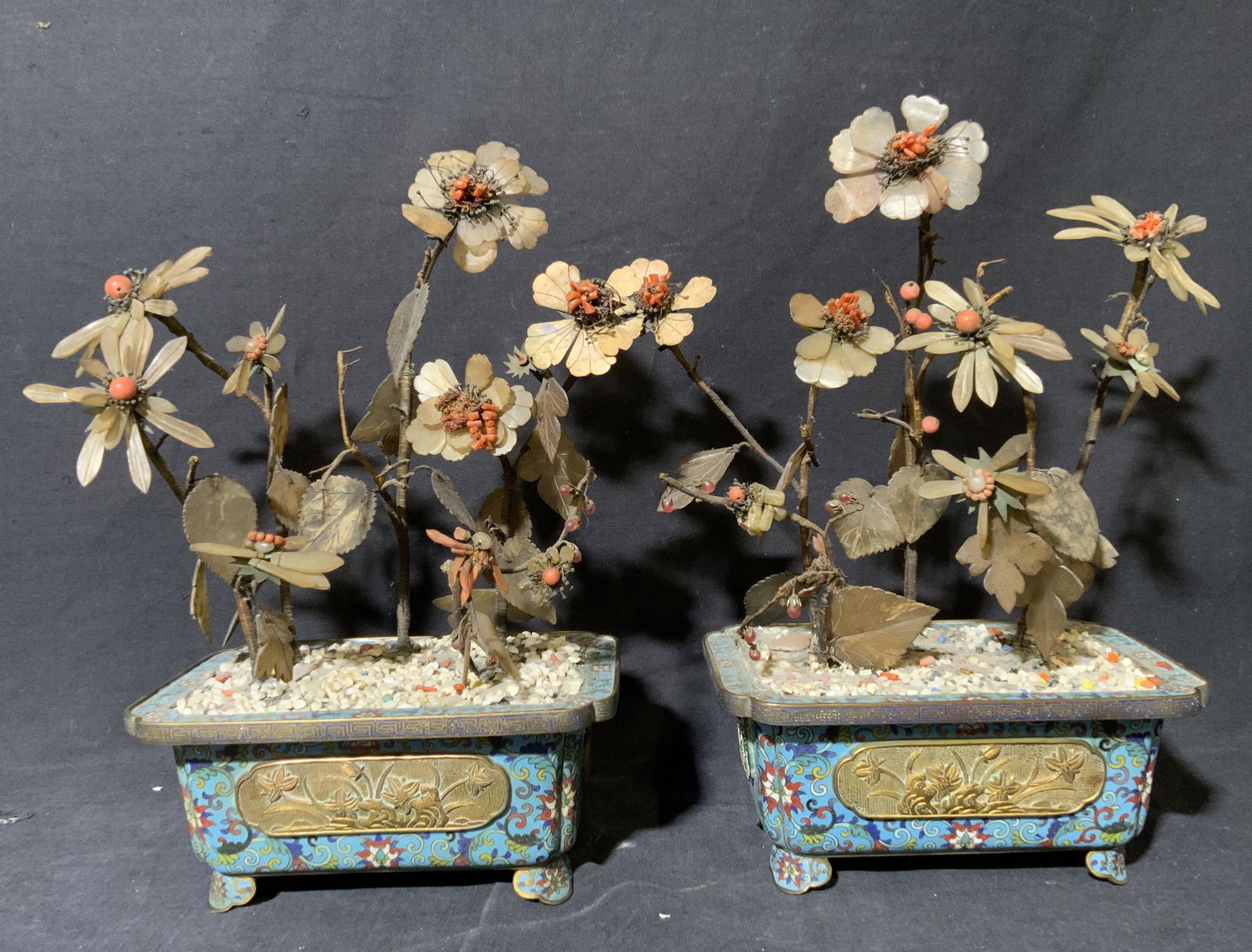 Lot 2 Cloisonne Planters with Stone Flowers (1 of 5)