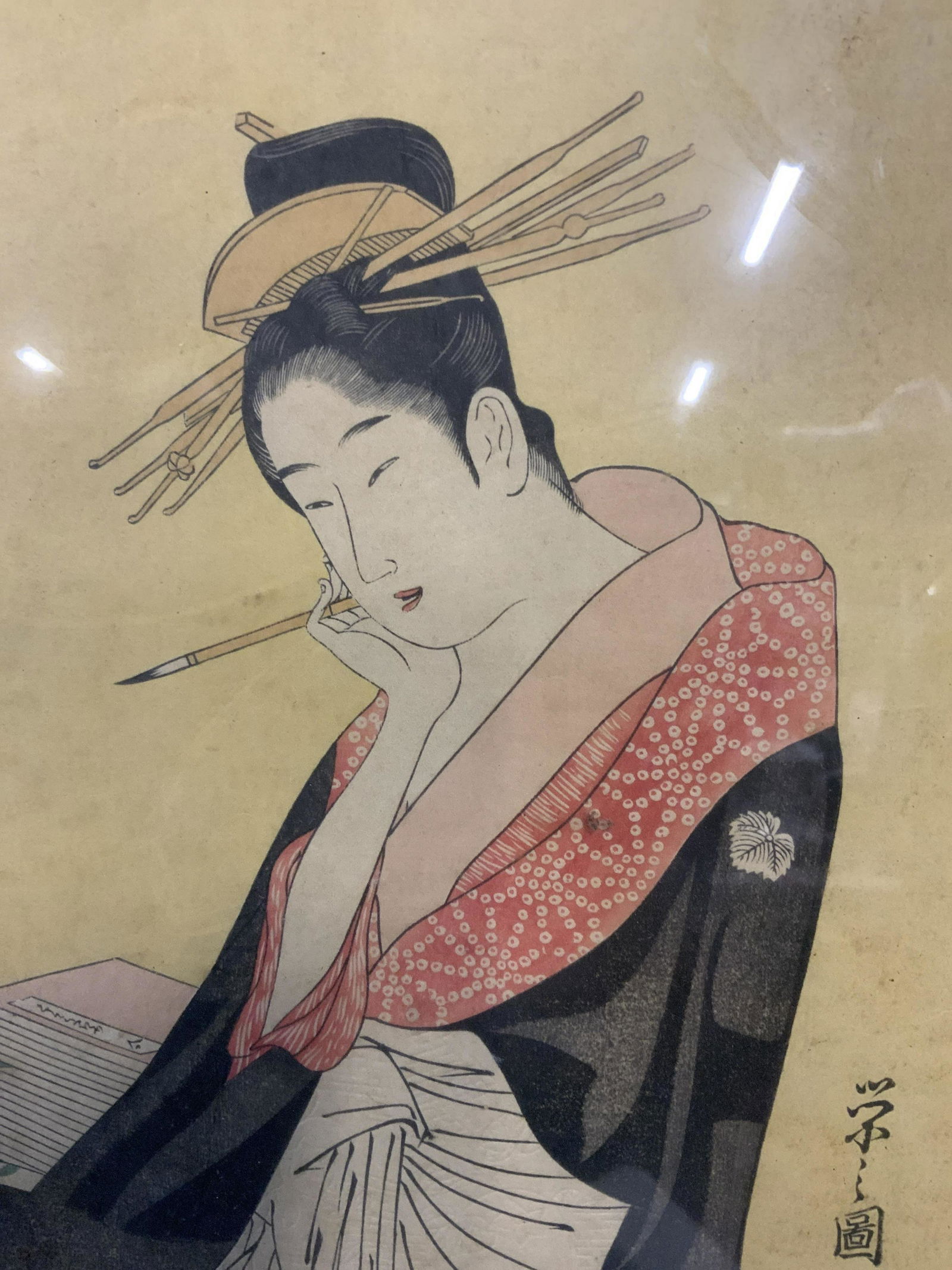HOSODA EISHI Woodblock on Rice Paper: Japanese woman Woodblock Artwork on Rice Paper, inscriptions illegible, subject a woman sitting writing letters, measures 15 x 20 3/4 in frame, piece itself measures 9 3/4 x 14 3/4 inches, wood frame,