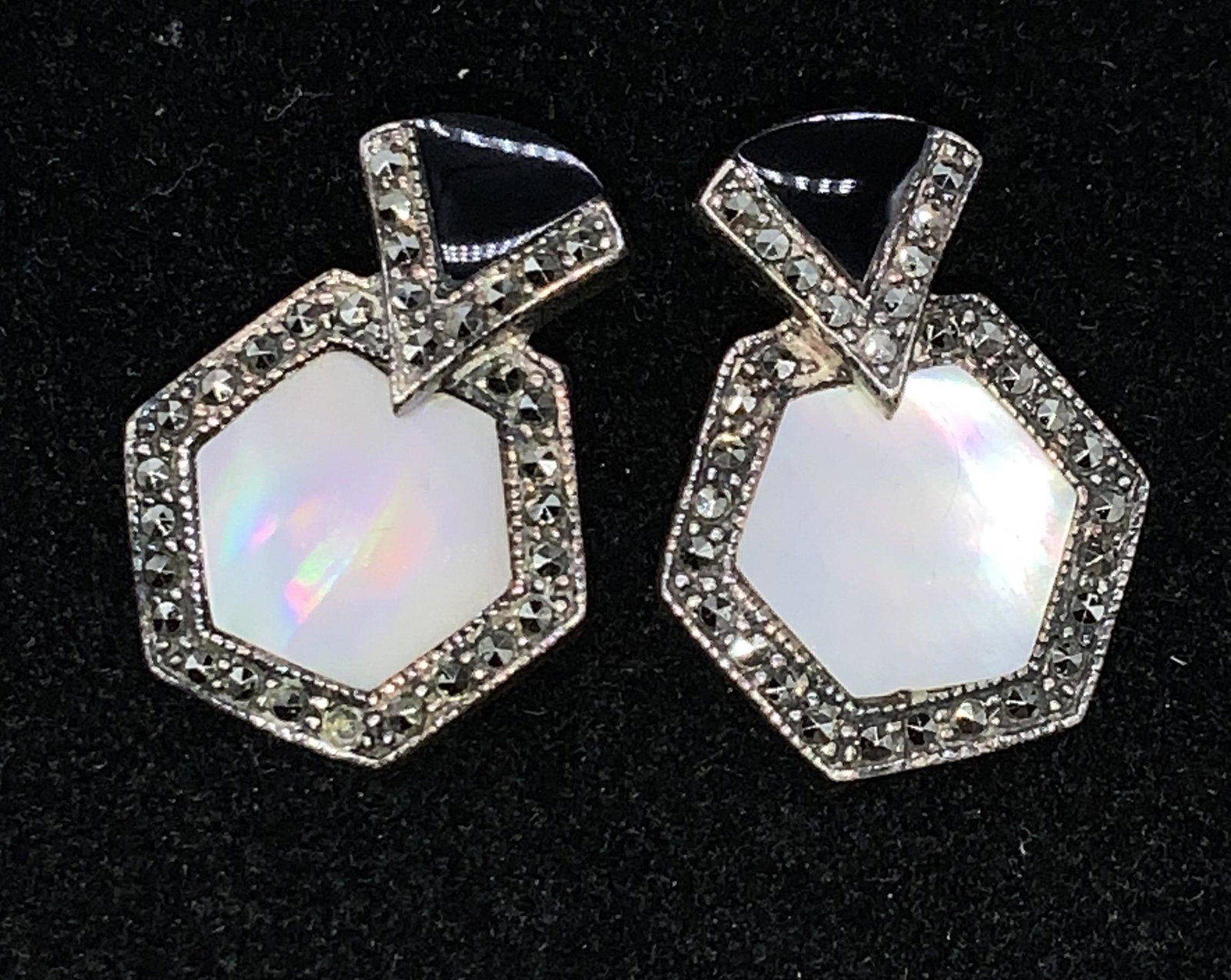 Pair NF Sterling Marcasite MOP & Onyx Earrings (1 of 5)