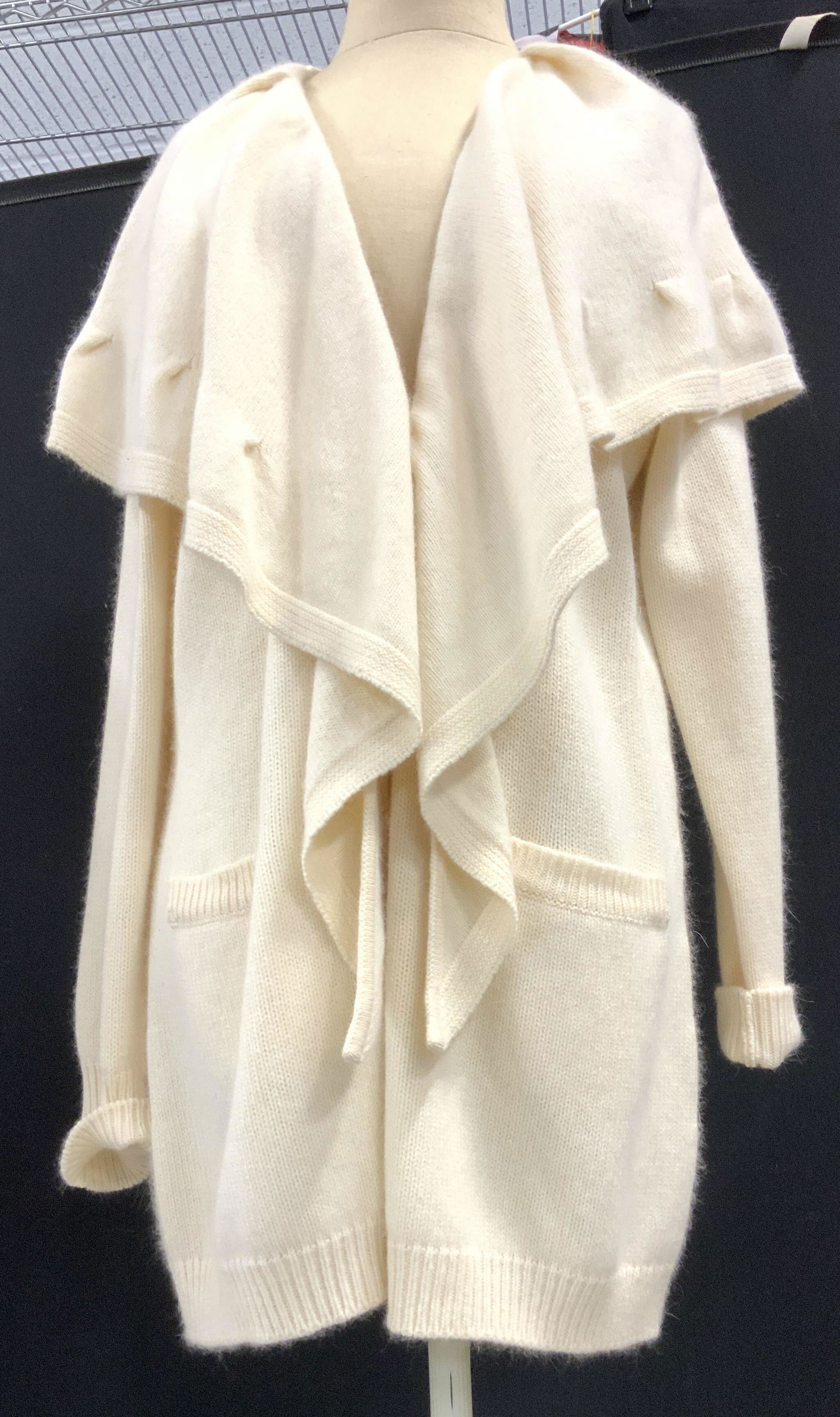 NWT ESCADA WOOL + ANGORA CARDIGAN: Ladies Size 42 ESCADA off white virgin wool and angora cardigan, wide shawl collar, Never worn, with original designer tags attached, made in Slovakia, original price reads $1350. Style called Arkitel