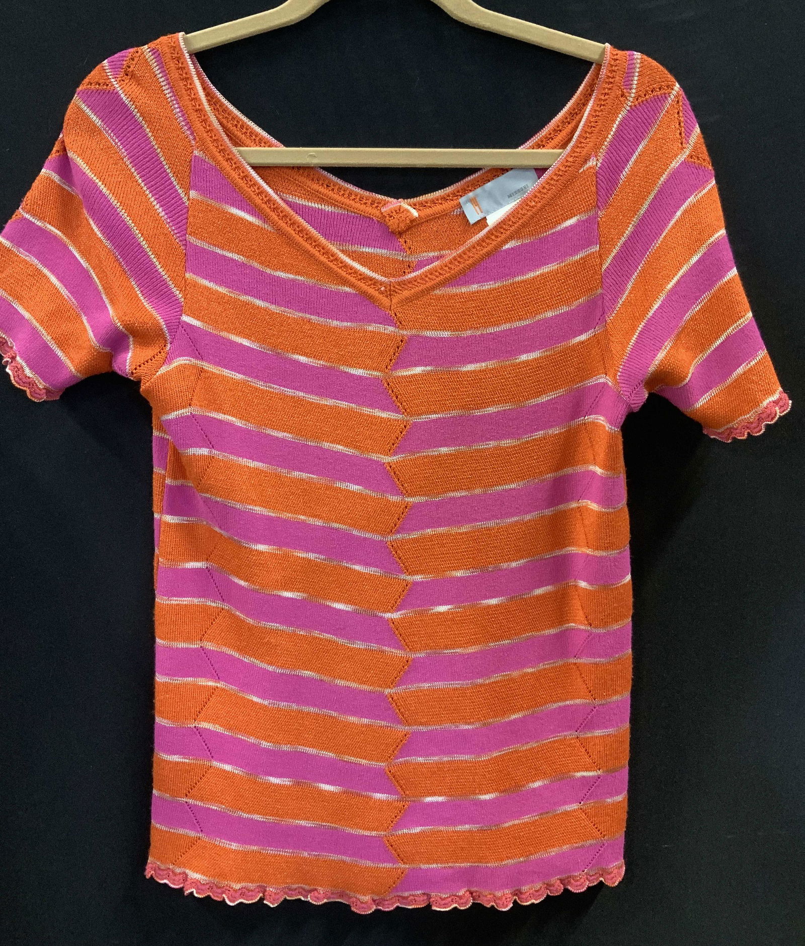 MISSONI Orange & Pink Viscose Sweater, Italy: MISSONI short sleeve sweater, with orange and pink horizontal lines, made in Italy, all viscose, lightweight, label of designer attached. , sz 48 Italian size. Fits M/ Large. Luxury ladies clothing, L