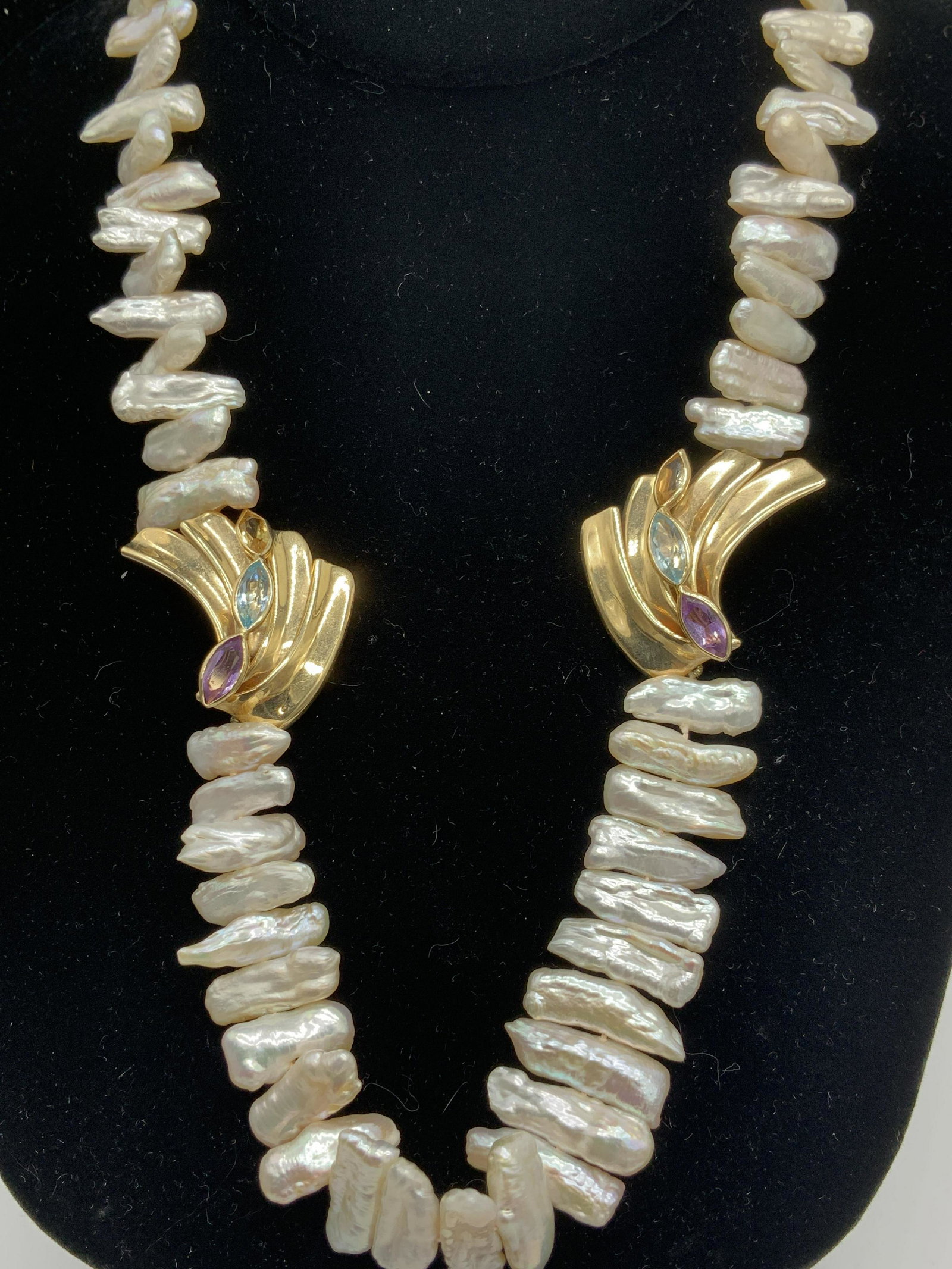 Baroque Pearl Necklace w Gemstones: Organic baroque pearl necklace accents with double 14 K GF clasp, reads ‘14/20’ and gold ornamental accents of faceted Marquis gemstones blue topaz, citrine and amethyst gems app 10 mm long. 16+ i