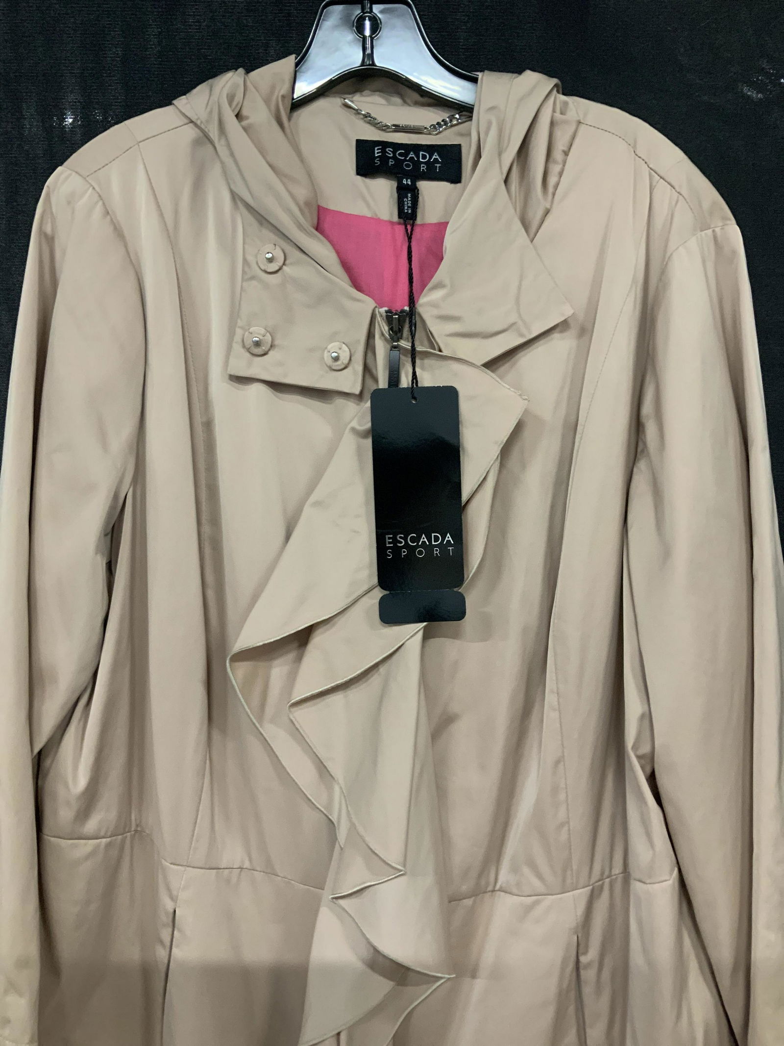 NWT ESCADA Marlena 3/4 Ladies Jacket: Ladies Size 44 ESCADA jacket with original tags. Style called Madlena Style no 5001196. New Old stock. Tags have original price, works as a rain jacket, has hood and a ruffle center along zipper with