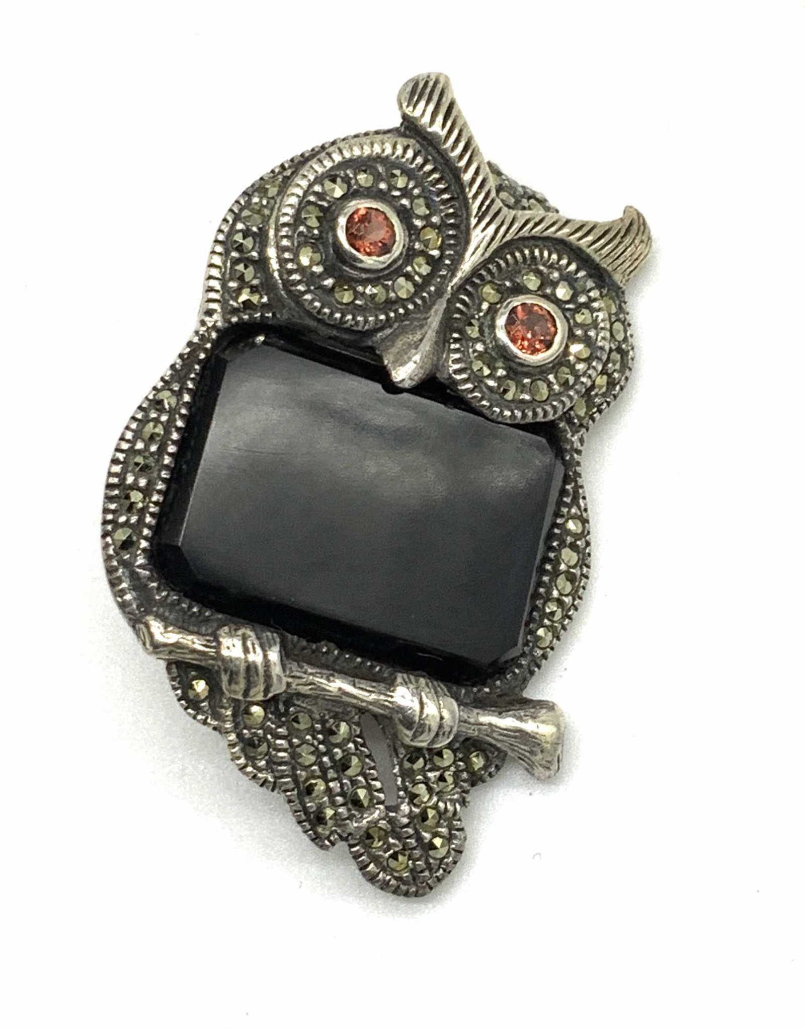 Marcasite and Onyx Owl Brooch: Adorable Marcasite and onyx stone wise owl with Crystal eyes. Signed on verso, 925 , Owl measures 1.5 x 1 in. Total weight .40 ozt Brooch, Owl Brooch, Bird Jewelry, Art Nouveau Brooch, Ladies Accessor