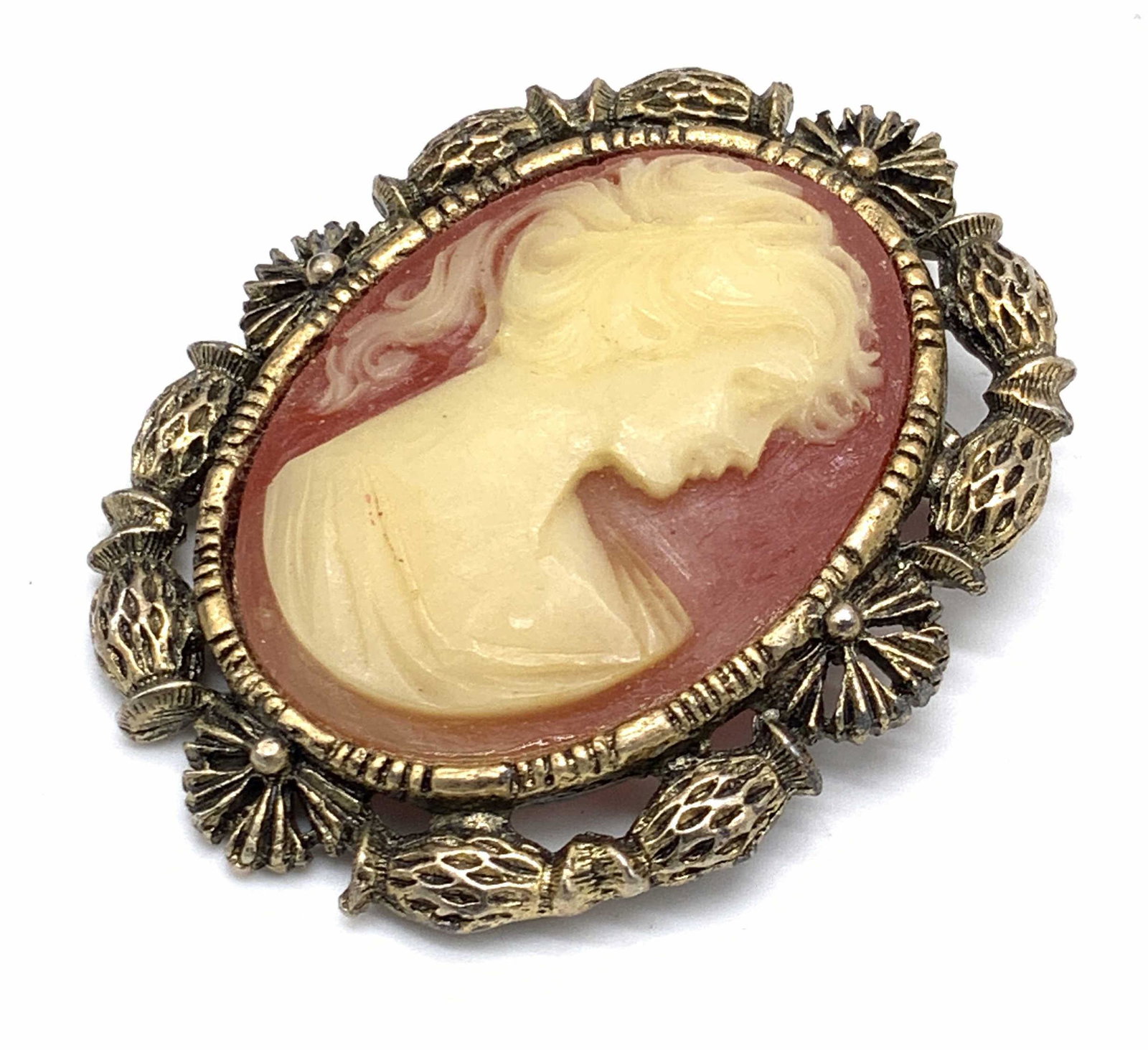 Vintage Female Cameo Brooch / Pendant: A vintage cameo brooch / necklace pendant. The underside of the piece possesses both a metal pin closure and a bail. Piece is crafted from gold tone metal and resinous materials. The center cameo depi