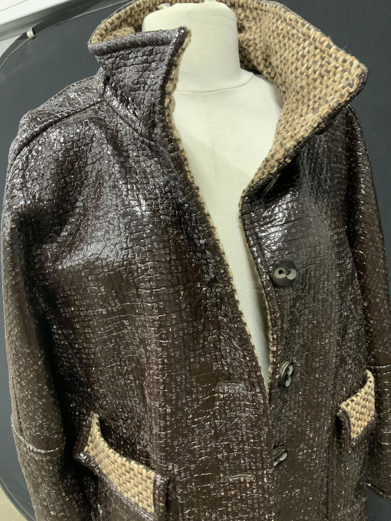 ESCADA Woven Virgin Wool Jacket W Garment Bag: vintage ESCADA Jacket, made of Woven wool, nylon and polyurethane. Size 44 Ladies Italian size. Signed label and hook chain. Mild wear to polyurethane weave design, consistent with wear and age. Front