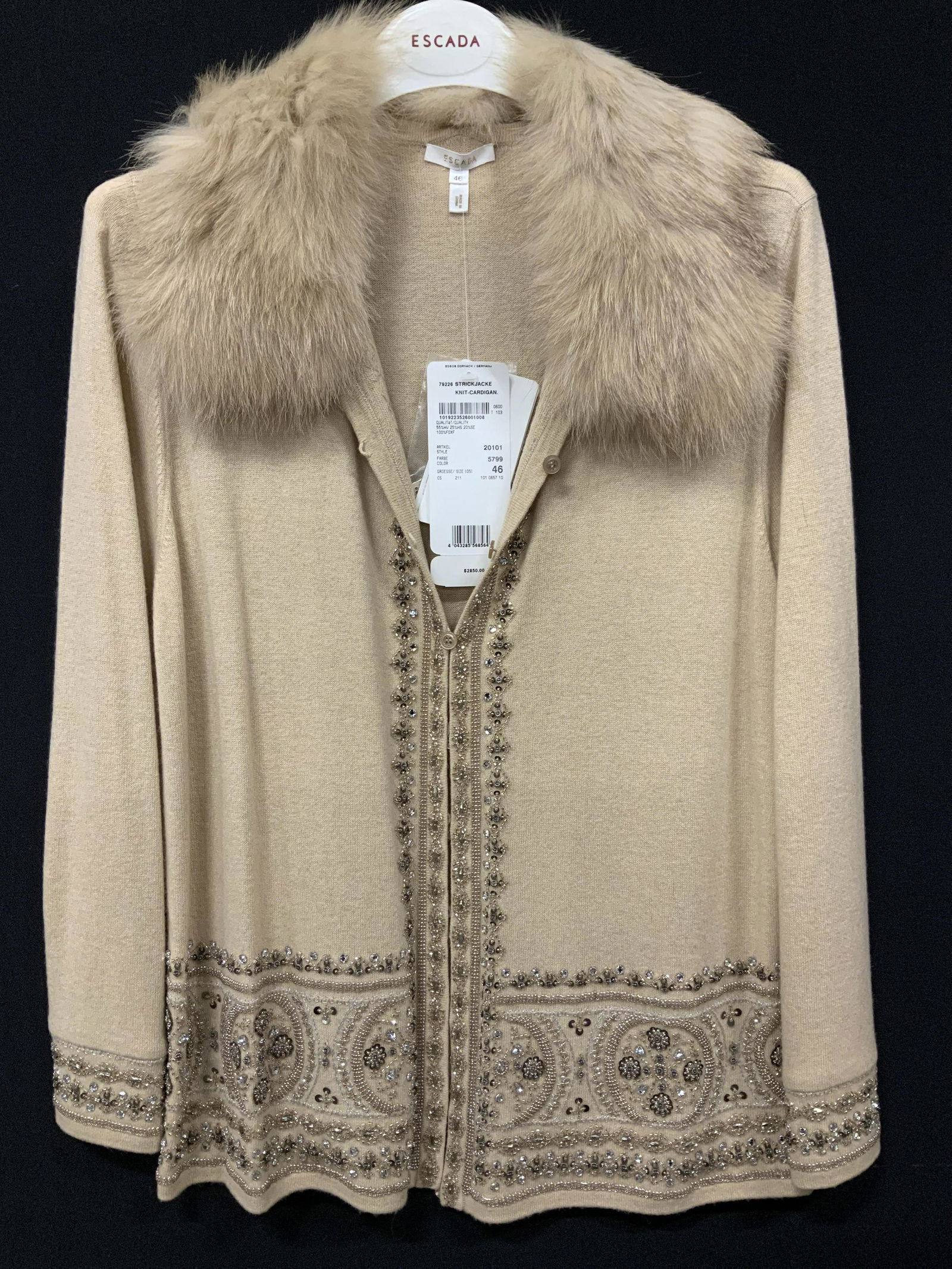 ESCADA NWT Fox Fur & Luxury Fabric Beaded Cardigan: Ladies Size 46 ESCADA tan toned virgin wool and cashmere cardigan with fox fur collar, which is removable. Never worn, with original designer tags attached. Retails for over $2000. Style called Arkite