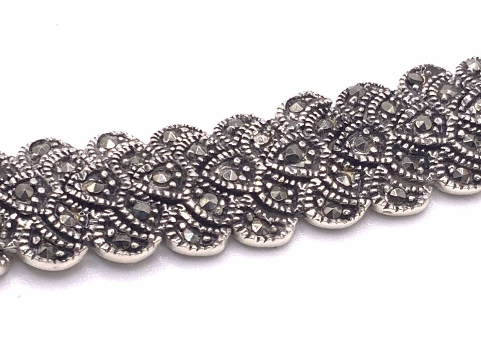 Vntg HAN Signed Sterling Silver Marcasite Bracelet (1 of 8)