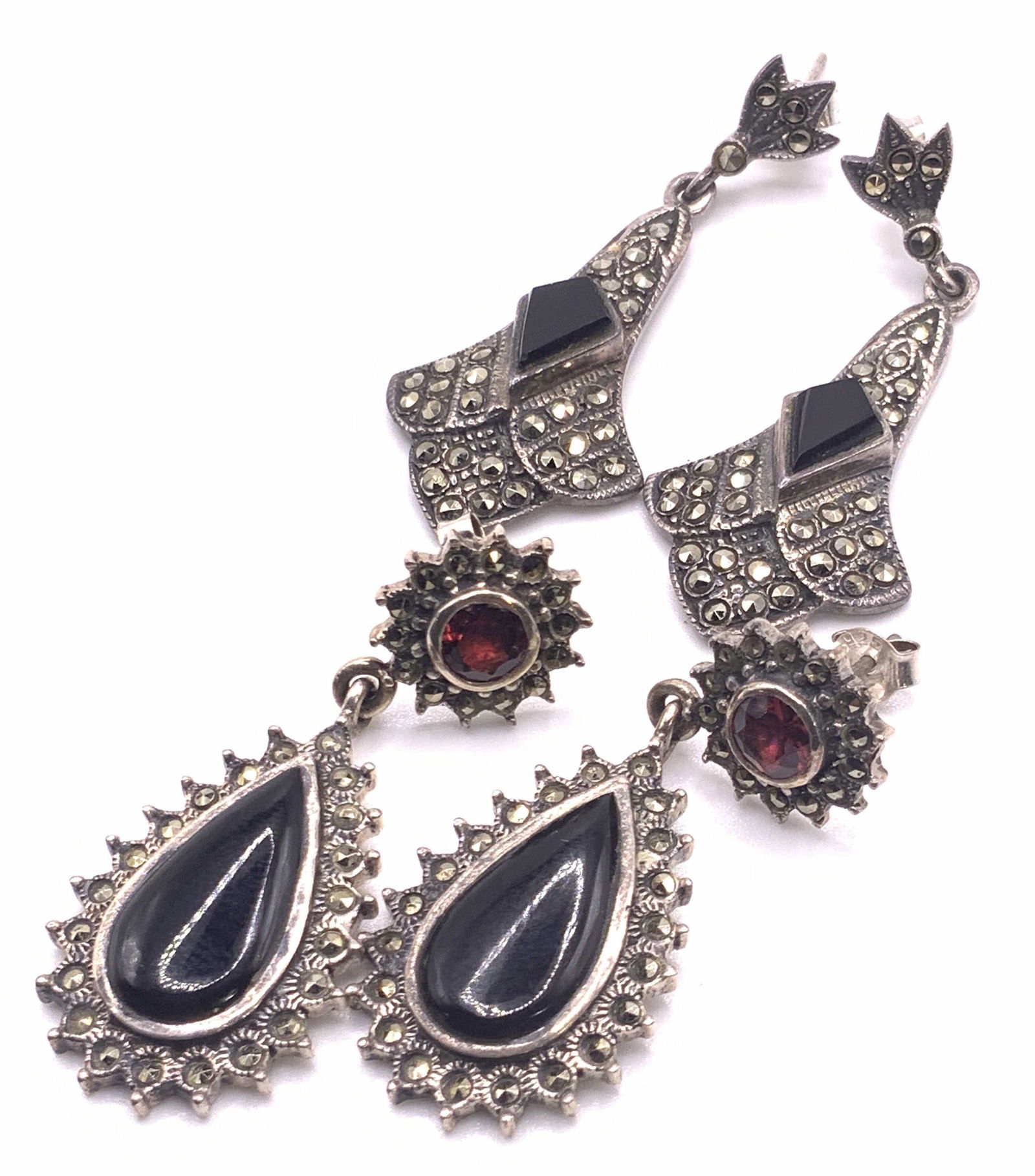 Lot 2 Vntg STERLING SILVER Marcasite Drop Earrings (1 of 10)