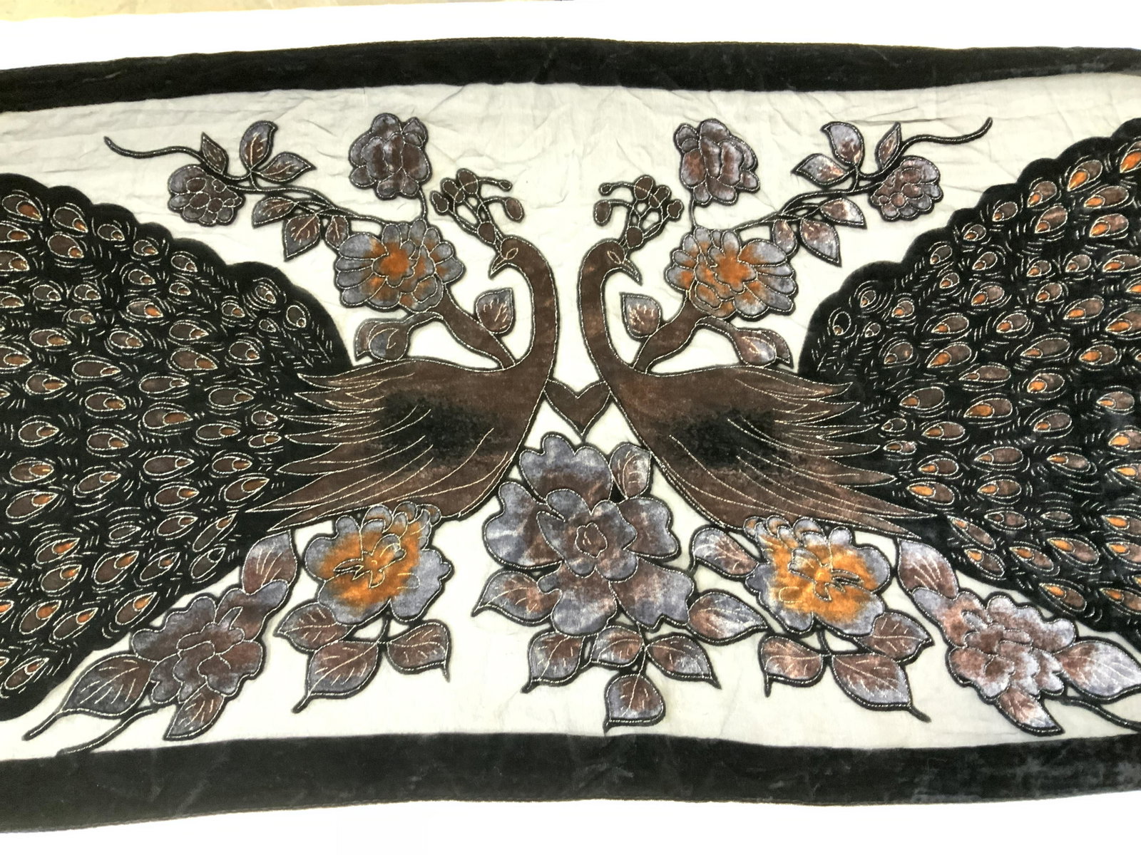 Appliqué Velvet Peacock Ladies Shawl: Peacock Flamenco Style Shawl. Amazing creation depicting two peacock in display of their feathers. Metallic silver threading, plush velvet in relief, areas of sheer fabric. Edge of shawl decorated wit