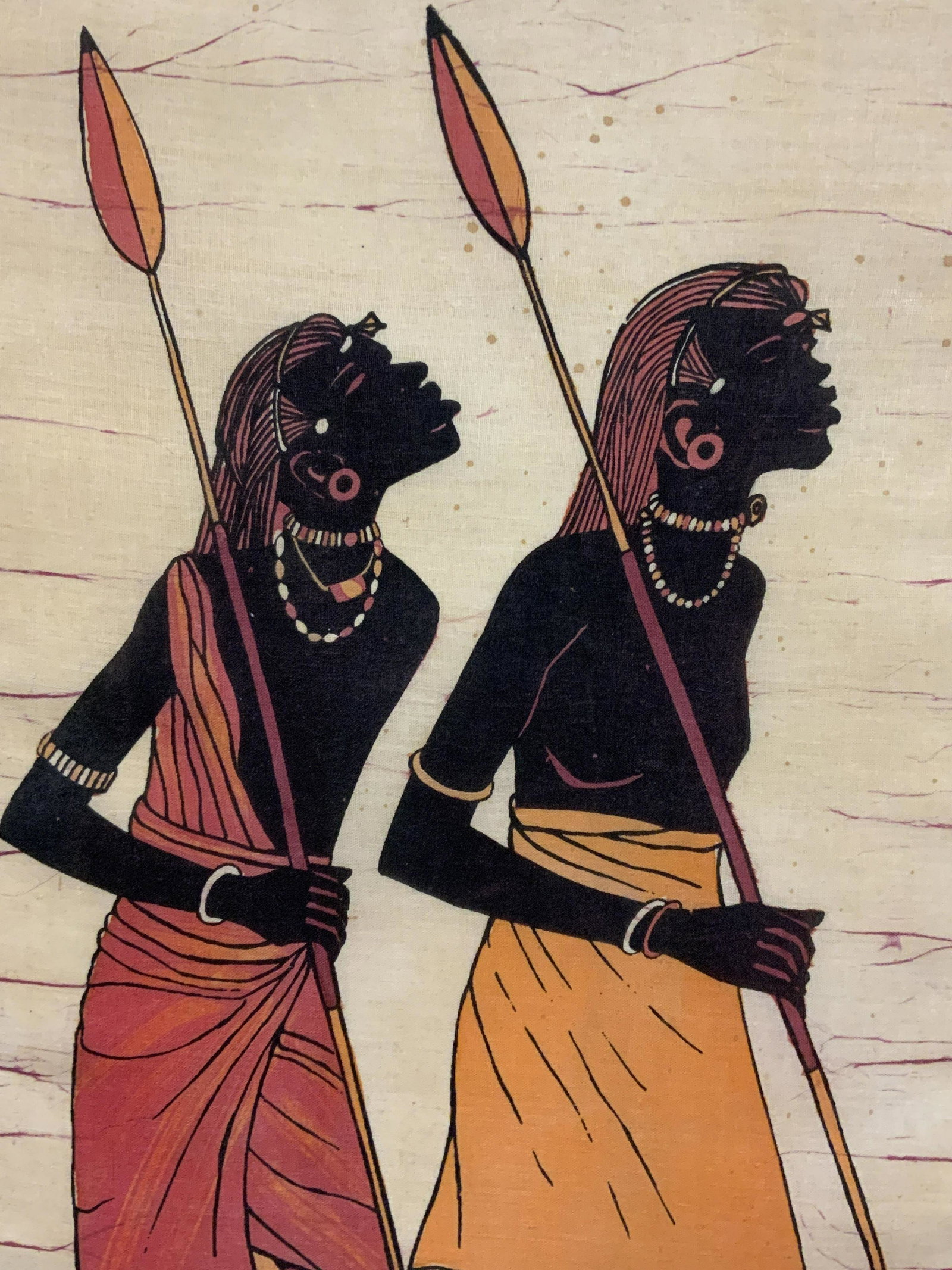 P. Njango Cprt African Ink on Stretched Cotton: P. Njango Cprt African Ink on Stretched Cotton, inscriptions to lower right measures ‘P. Njango’, Copyright, subject two African tribe members standing in side lrkfjke while holding spears, one se
