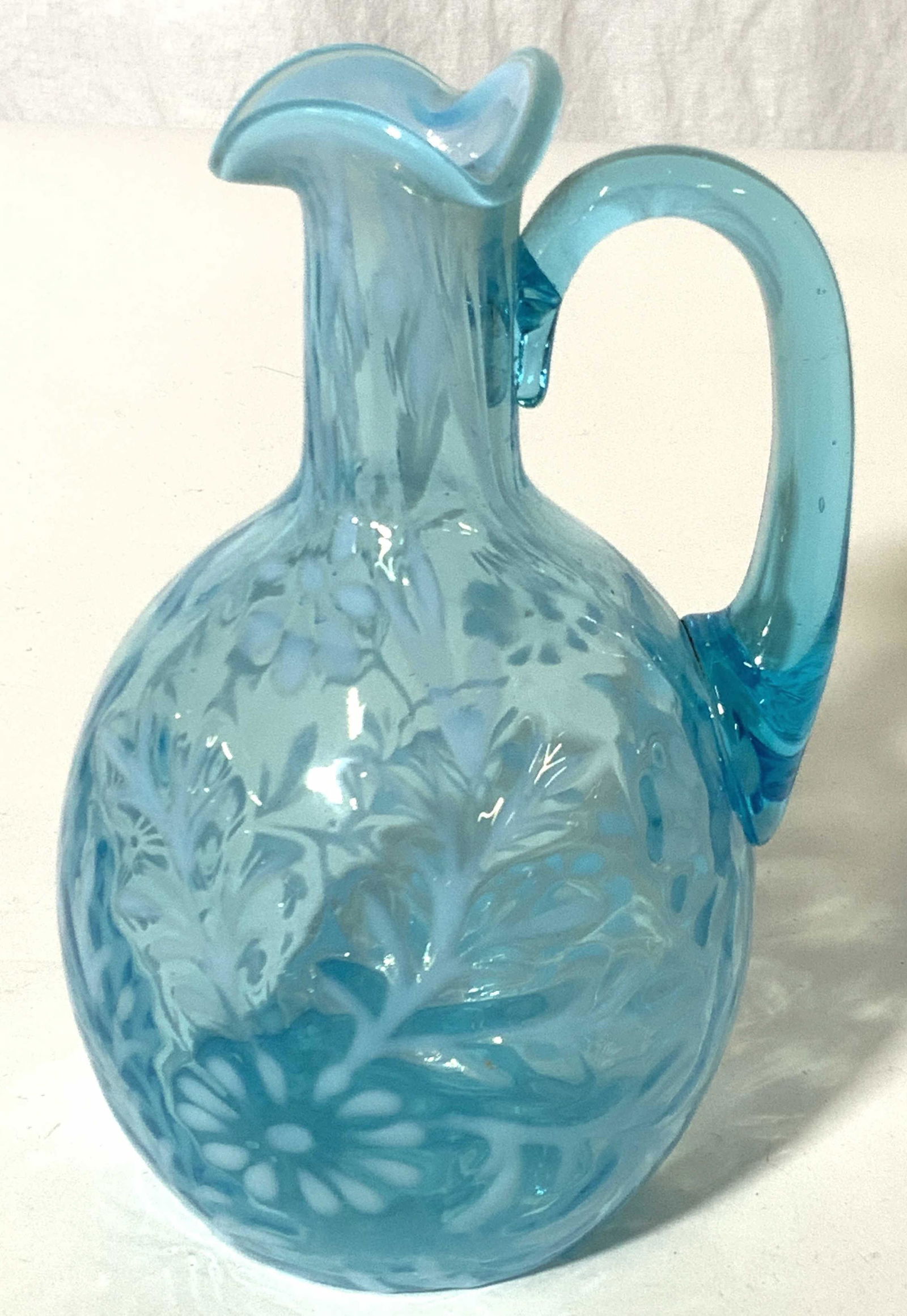 Blue Glass Handled Floral Embossed Vessel (1 of 6)