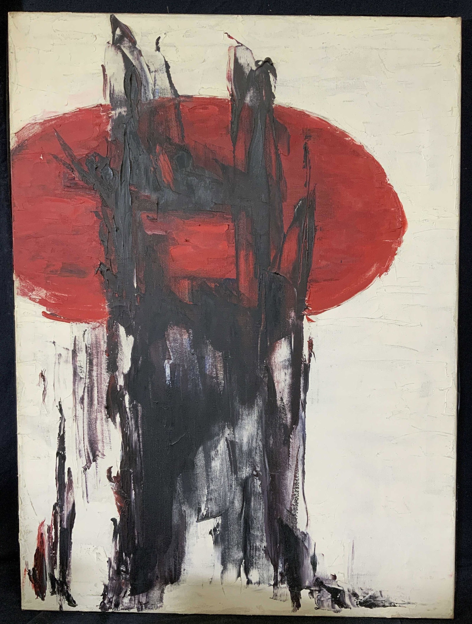 Abstract Oil on Canvas: Abstract Oil on Canvas, No apparent signature to piece, subject an abstract red circle against a white background with black markings, measures 22 x 30 inches, mot framed, canvas exposed to verso. Art