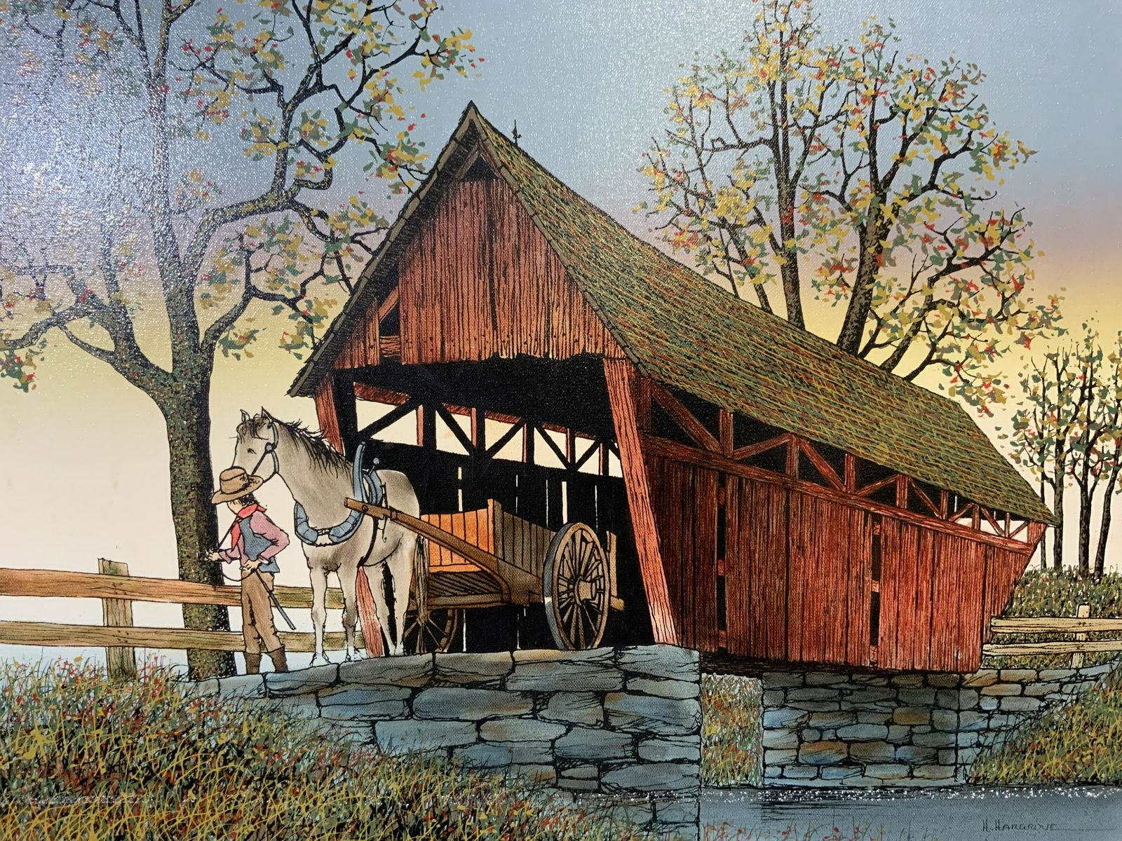 ATTR H. HANOVER Covered Bridge Oil on Canvas (1 of 9)