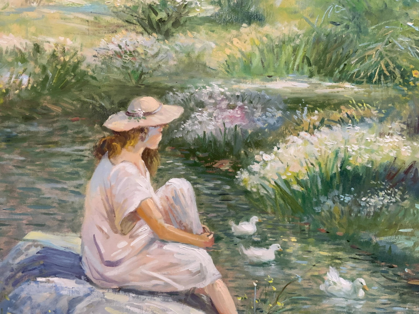 Robert Lun Signed Acrylic Painting of Girl: Robert Lun Signed Acrylic on Canvas Painting of Girl, signature to lower right possibly reads ‘Robert Lun’, subject a girl in romantic style clothing rest on a rock while staring at ducks floating