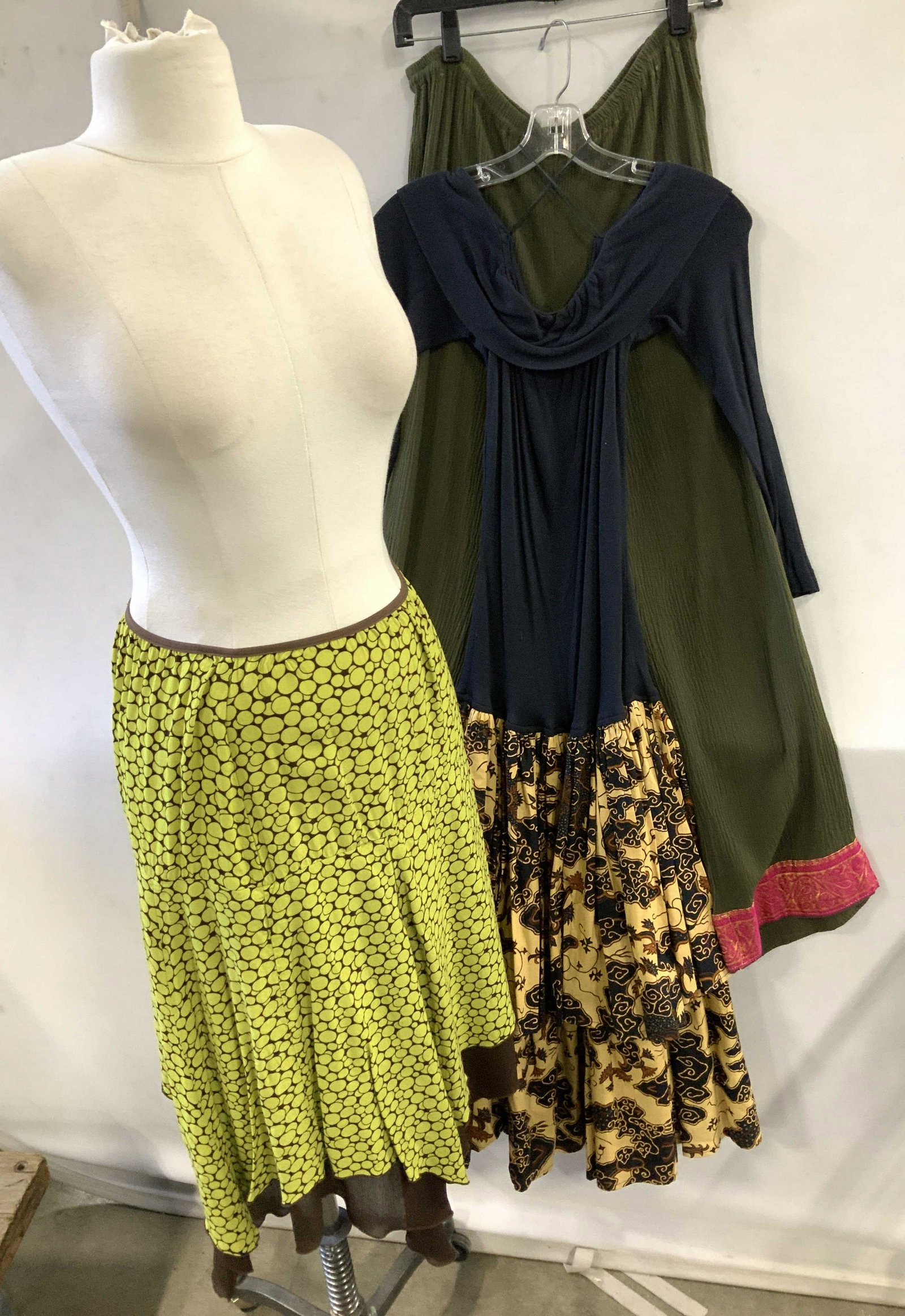Grp 3 Ladies Vintage Separates, Skirt, Pant, Dress: Vintage and contemporary clothing, all sizes, with bohemian Flair. Chartreuse flowy skirt with bubble pattern, 31in. Long, stretch waist, 32 in., possibly acetate. 1980s cotton dress with mermaid laye