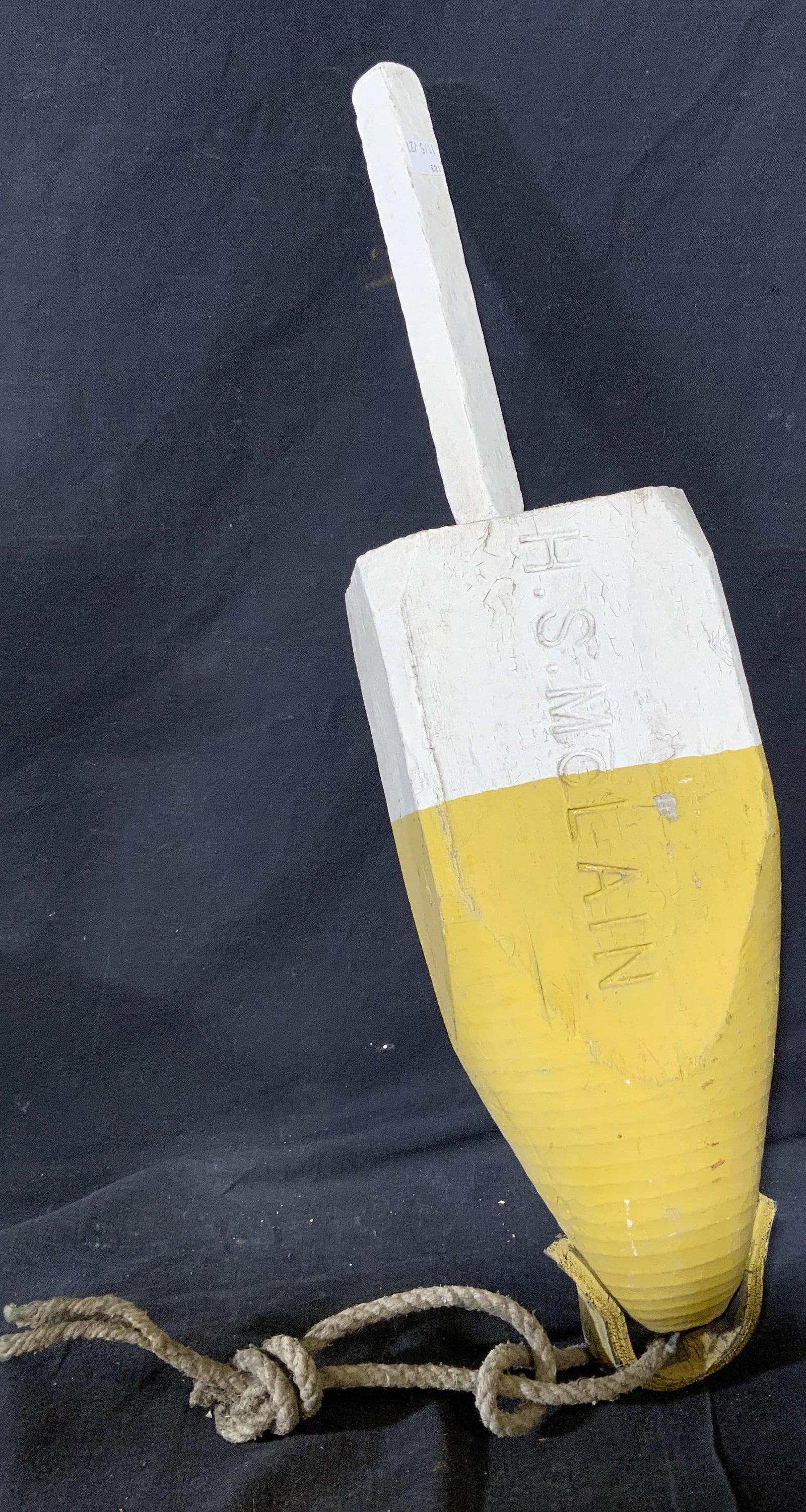 Vintage Large Wood Buoy: Vintage Large Wood Buoy, inscriptions read ‘H.S. McLain’, measures 6 w x 24 l inches without rope, wear consistent with age and use. Buoy, large buoy, decorative buoy, large wood buoy, wall decor,