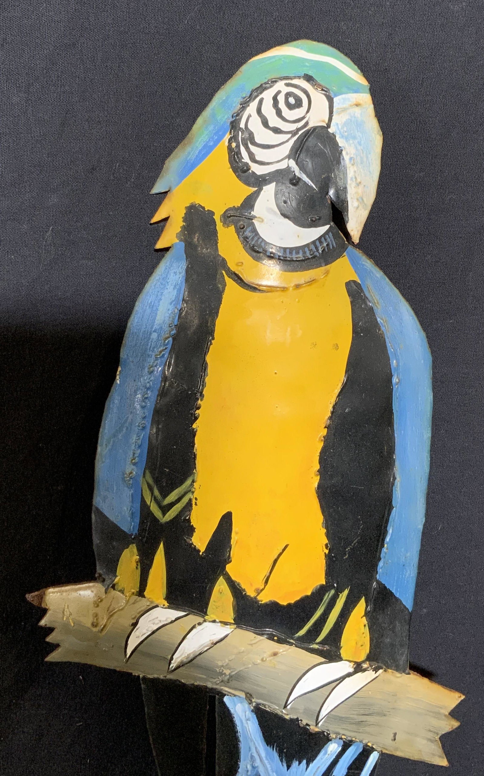 Kitsch Style Metal Blue & Yellow Macaw: Kitsch Style Metal Blue & Yellow Macaw Wall Hanging, measures 8 w x 24 inches, wear consistent with age and use, Art, wall art, home decor, kitsch, kitsch style, metal mermaid, wall hangings, decorati