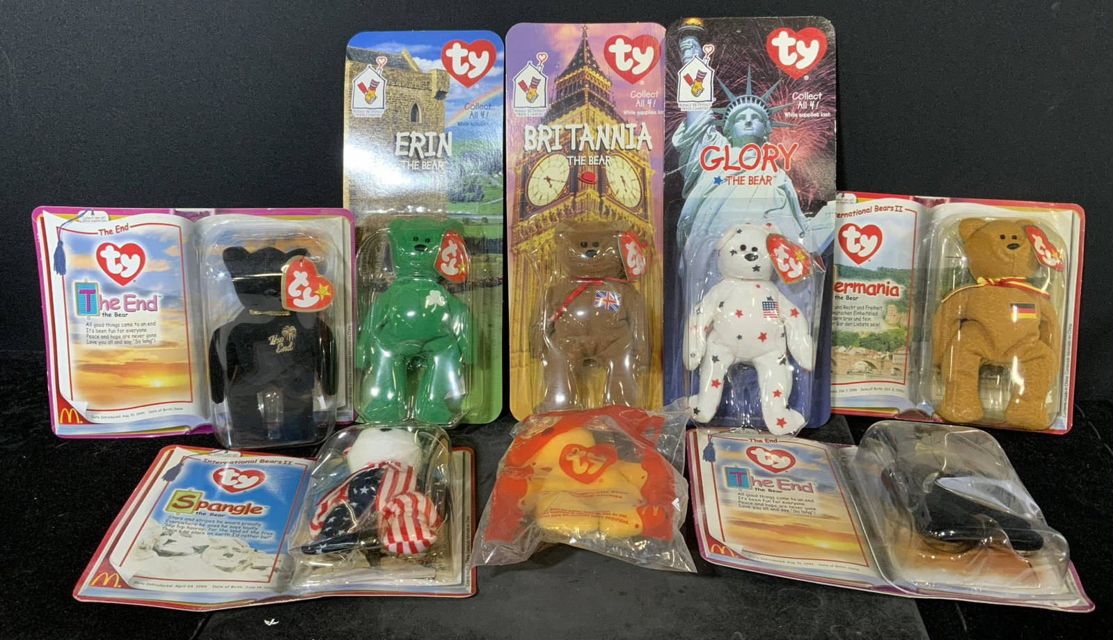 Lot 8 Beanie Babies MCDONALDS Bears: Group lot 8 beanie babies McDonaldâ€™s exclusive bears. Wear is consistent with age and use, some wear to packages. Largest package measures approx 11 inches long, and 4 inches w. Toys, collectib
